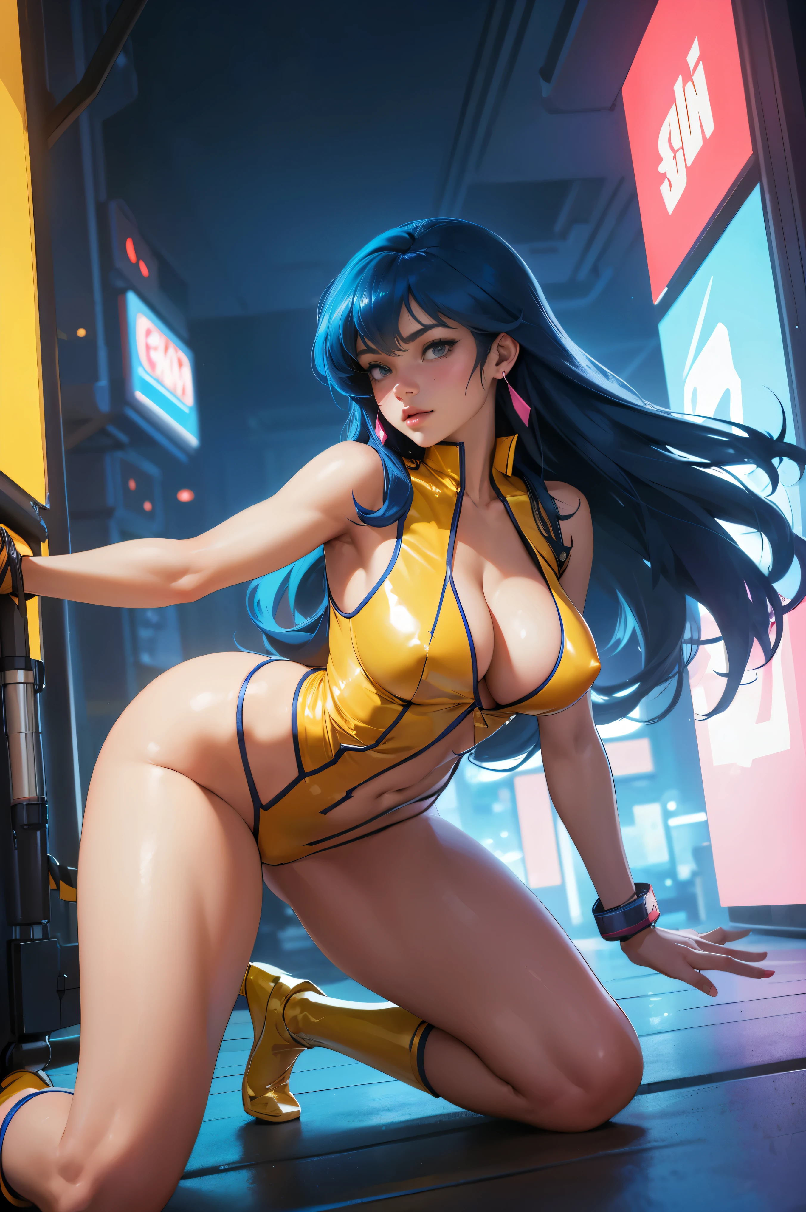 (best quality:1.2,highres,ultra-detailed), detailed face and body of Yuri from The Dirty Pair, stunning Asian beauty, expressive brown eyes, luscious lips, long flowing blue hair, (skimpy yellow outfit), (revealing cleavage), confident and sexy pose, (cyberpunk-inspired city background), neon lights illuminating the scene, vibrant colors, (futuristic and edgy atmosphere), stylish and sleek architecture, dynamic angles and composition, (sci-fi and anime fusion), perfect beauty