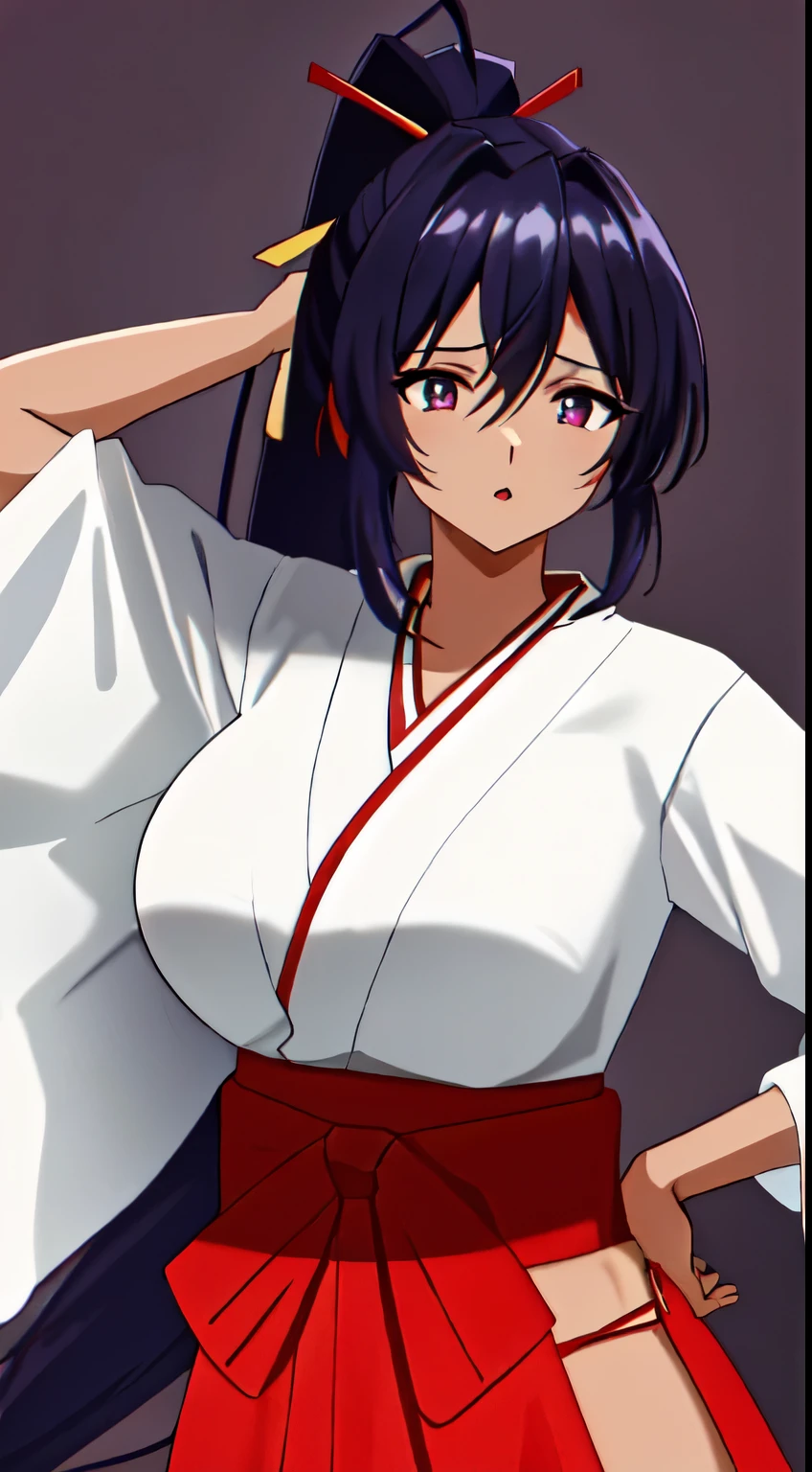 masterpiece, best quality, anime screeshot, a close photo, 1 girl, solo, standing, long hair, black hair, violet eyes,ponytail, Red hair ribbon, red hakama and white kimono, big breasts, medium breasts, looking_at_viewer, expressionless, upper_body, dark skin, ((Village background:1.0)), (dark skin: 1.2)),