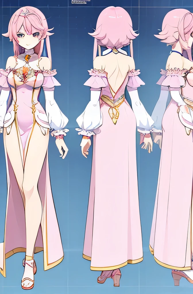 anime character reference sheet, character adoptable, fullbody commission for, style of magical girl, long dress, pretty anime character design, anime t pose reference sheet 3d