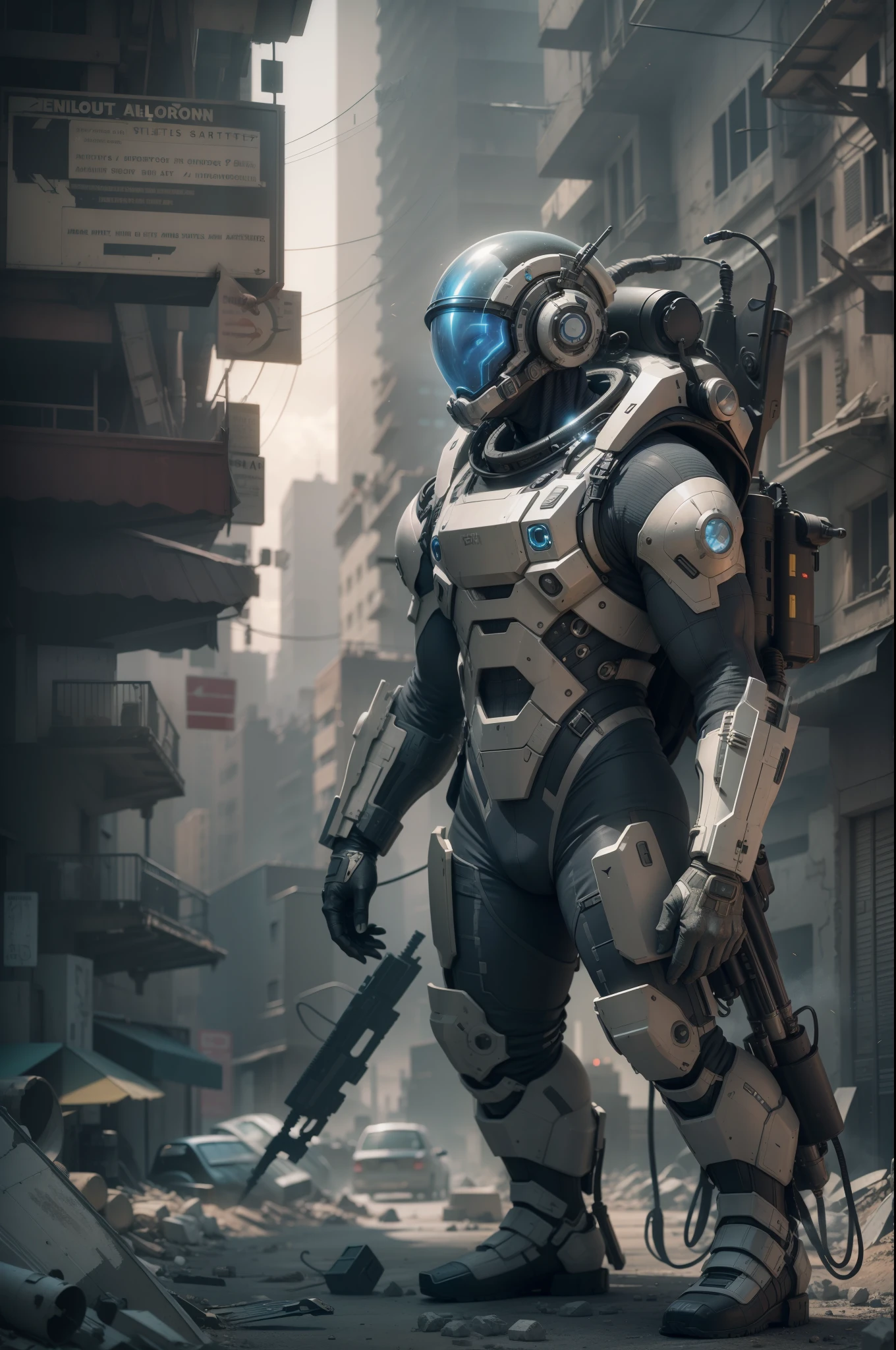 A highly technological and advanced alien soldier in an apocalyptic city