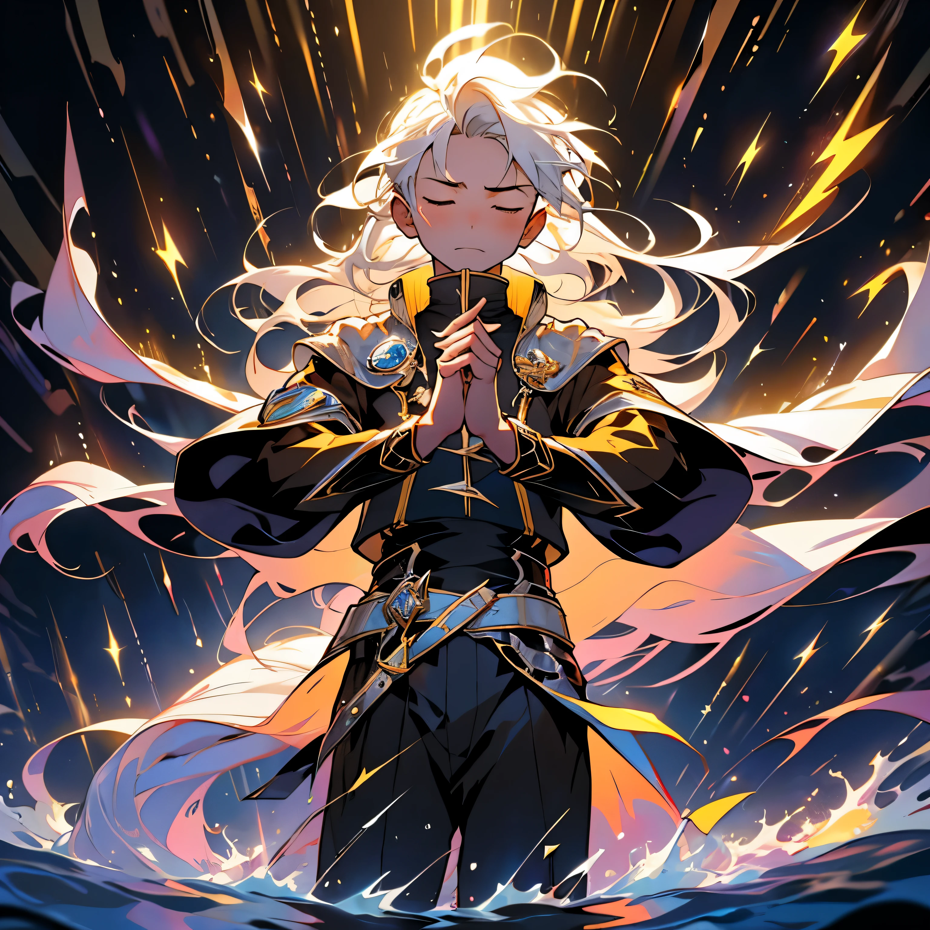 (Absurd, High Resolution), 16k, (Panorama), , Teenager, ed Eyes, Open Hands, long Hair, yellow tail Hair, Black Coat, White Underwear, Extreme Detail, Lightning, Magic, Magic Array, Exaggerated Light, Shine, Magic, Floating, Dusk, detailing body, detailing finger.