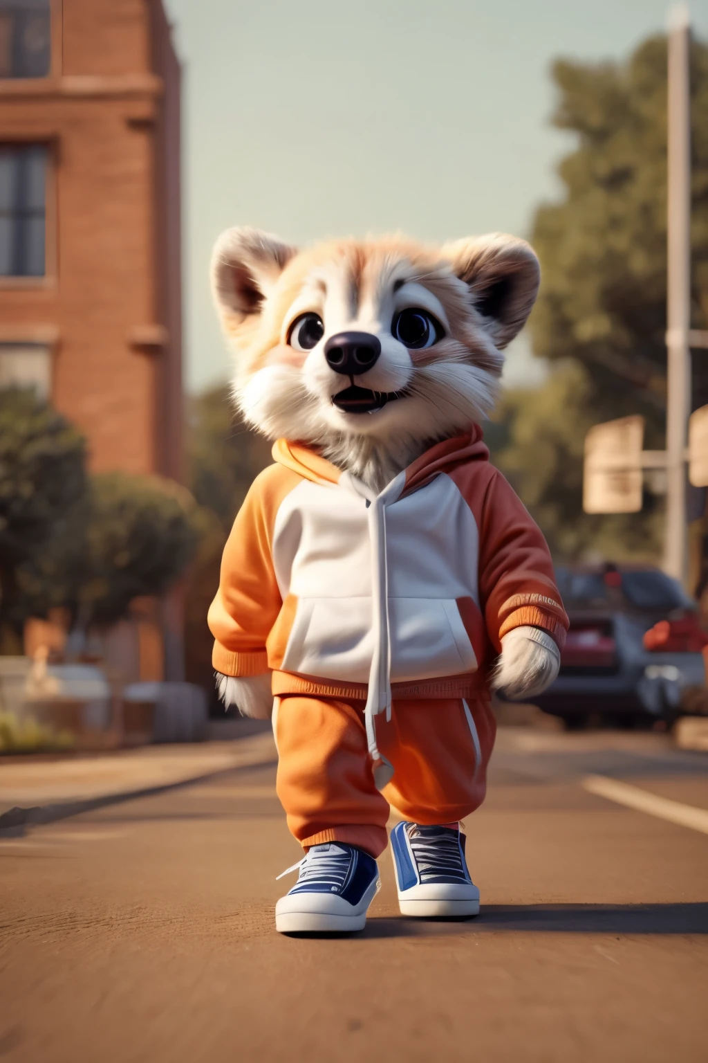 kwok realistic animal, wear a real hoodie, sneakers, small, Cute, Funny, make the paw area real