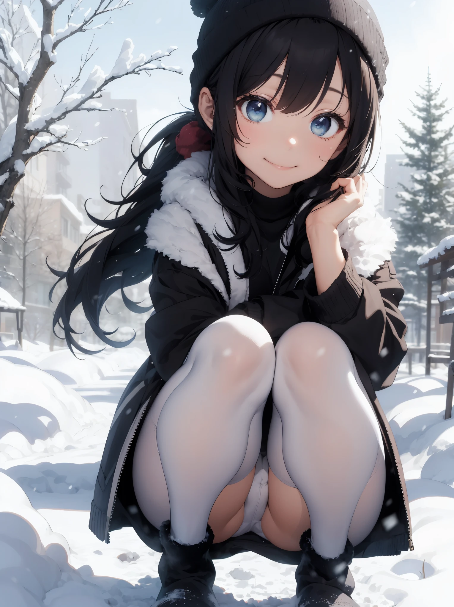 disorganized , High resolution, (super detailed:1.2), girl,
break fluffy robe, leggings, And slipper boots,
break
,black hair, ponytail, smile, fine eyes, blue iris, beanie
break
,winter, trees covered in snow, snow, snowy bushes
