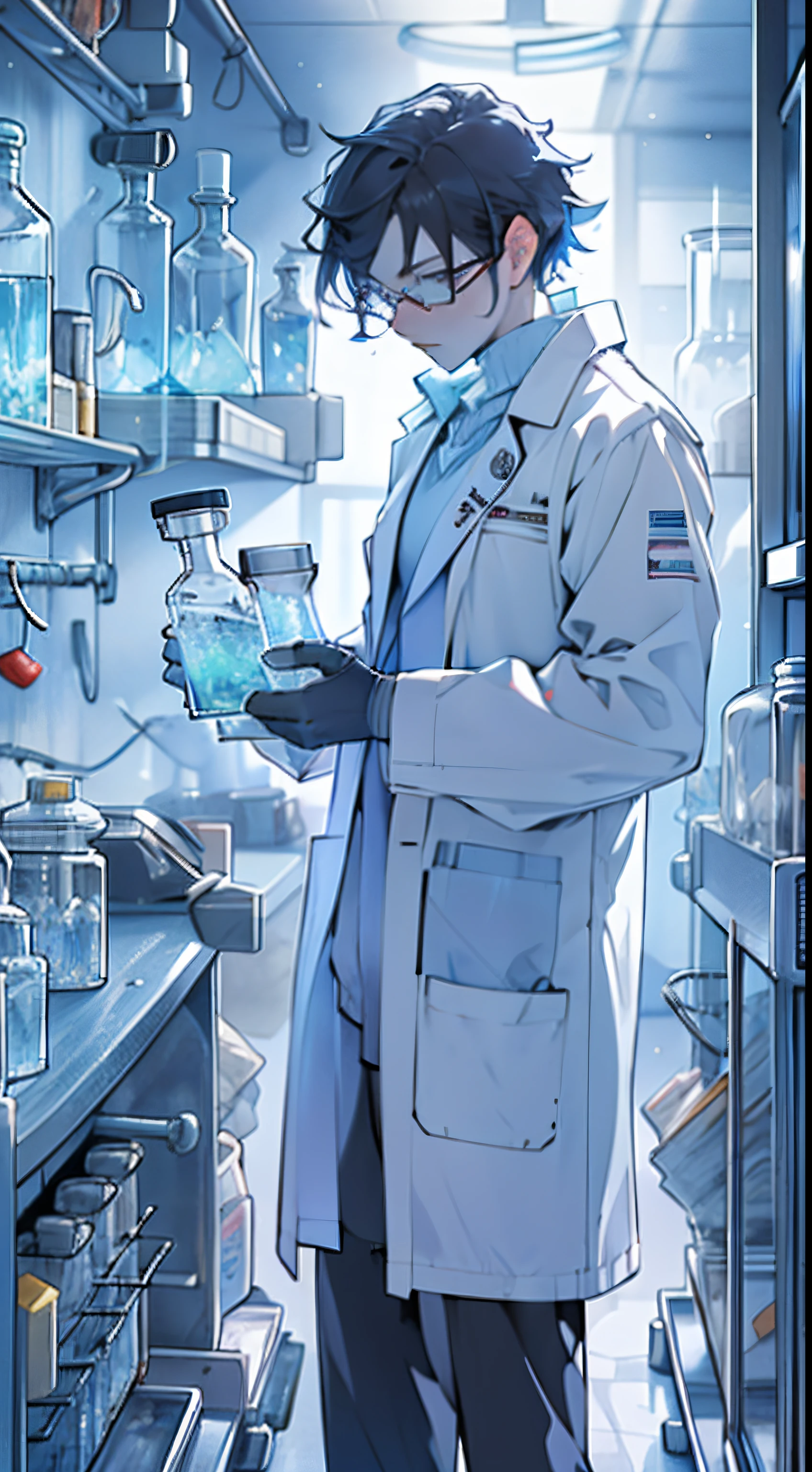 A scientist in a white coat stands in front of laboratory equipment, segurando um pequeno saco de cristais de gelo marinho azuis cintilantes, The laboratory is full of test tubes, garrafas, e equipamento,,no estilo do grupo de arte das estrelas xing xing, 32k, Melhor qualidade, obra de arte, super detalhe, detalhes altos
