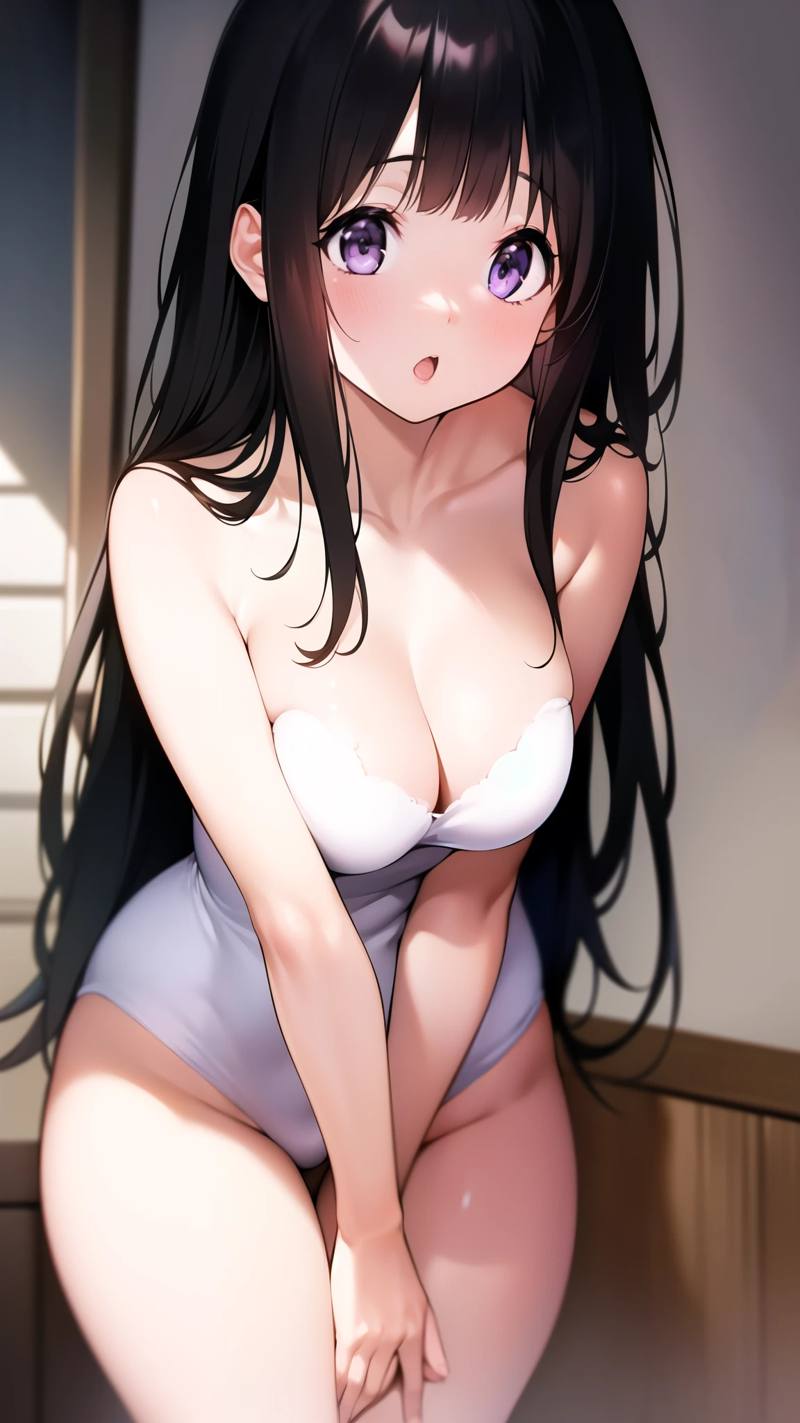 The stunning Chitanda Eru, purple eyes, black hair, Naturally straight hair, straight bangs, extremely refined, a girl，adult face，Open your mouth slightly，flowing long hair，Peerless beautiful girl, dreamlike，Slim，soft, (Sensual), (kawaii), dream quality, student，taking a bath，in the bathroom，Audience facing one side，bare neck，naked ass，bare shoulders，Clavicle exposed，bare breasts，Bare thighs，camel toe，snow white skin，show your hands, delicate face,  thin waist, soft curves, Real light and shadow, Super fine, 4K, move naturally, ultra high resolution, (masterpiece:1.2, best quality), (Exquisite and beautiful eyes: 1.2), (Beautiful and delicate face)