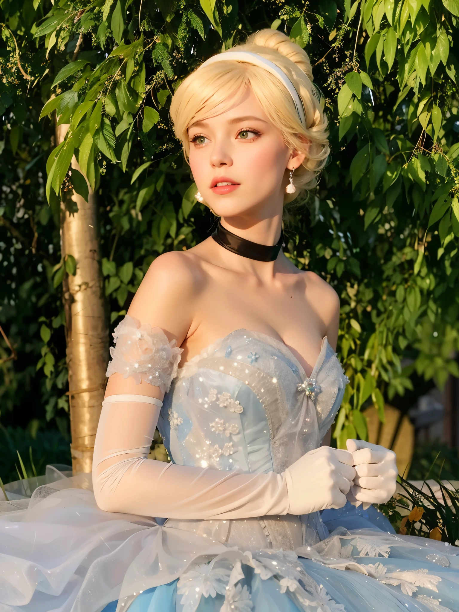 Arape taking a photo wearing a blue dress and white gloves, elegant and attractive , Cinderella, blonde hair princess, charming princess, Disney inspired song, Beautiful female princess, Disney-inspired songs, Detailed dress and face, disney character style, princess in the foreground, elegant and graceful, costumed, elegant elsa