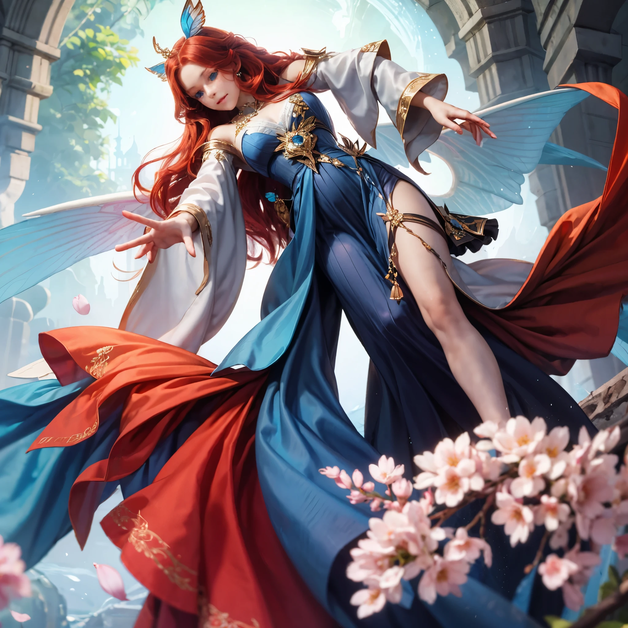g3rm4nd0ll, 1 girl,long hair,Blue eyes,Red hair,, blue dress, fairy wings, Bloom, Winks, in detail, a lot of details, realism, гиперrealism, the right face, High detail 