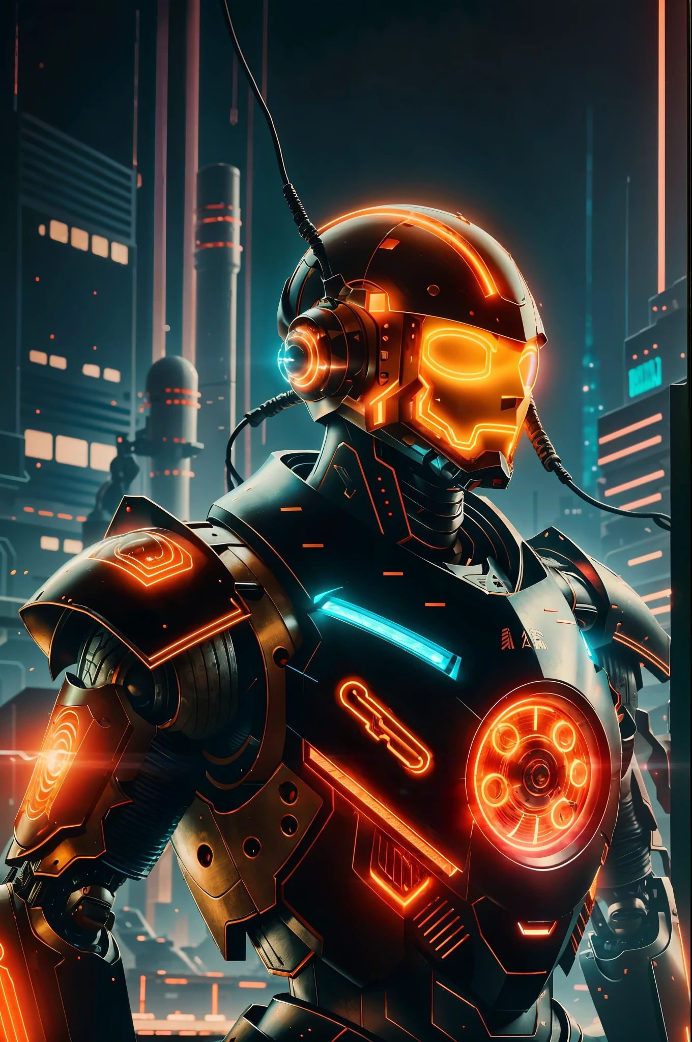 um close up de um robô mshn , futobot, ciborgue , Using CyberHelmet Bright Circle , armadura de batalha, MSHN Factory, tubes connected to the neck, luz neon
fotorrealista, obra-prima, melhor qualidade, filme de 35mm, film grain, cyberpunk, EbonyGoldAI