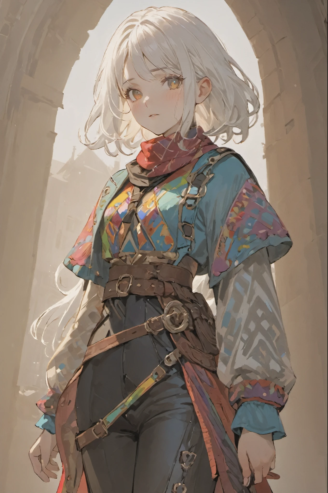 ((white hair)), white hair, female adventurer, full body, game art style, (masterpiece), (colorful clothing 1:5), scarves, leather belts, half skirt over pants and boots, flowing blouse and leather corset, best quality, highres, 4k, 8k, Detailed Illustration, intricate detail, cinematic lighting, amazing quality, 1girl, fit female, amazing shading, soft lighting, facing camera, perfect eyes