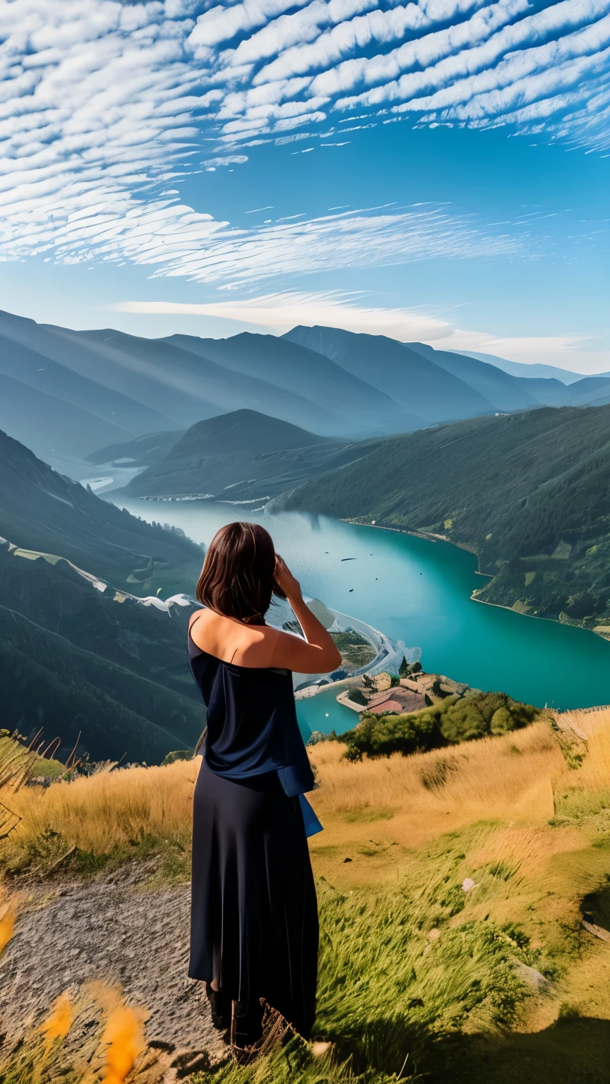 A woman in arafe looking at the lake, looking at the mountain, girl Standing on a mountain, in the mountains, overlooking the valley, panoramic view of girl, standing in front of the mountain, 8k. Filling the view, Italy overlooking the Aufidius River, Standing on a mountain, in the mountains, with mountains in the background