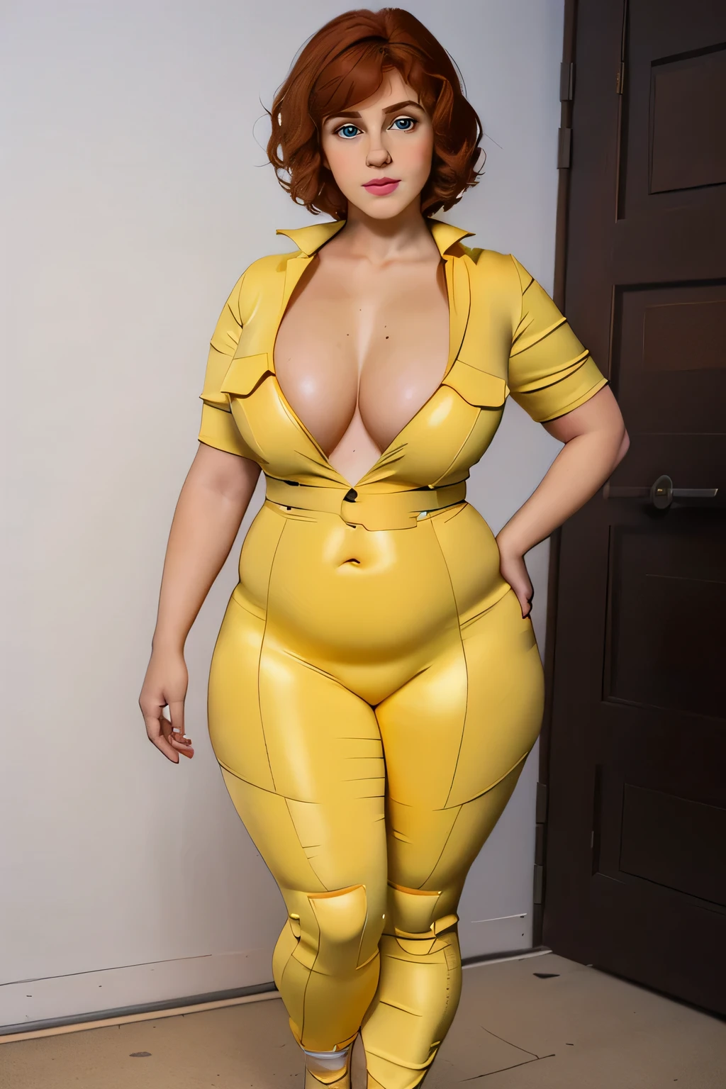 ((masterpiece)), ((photorealistic)), ((8k wallpaper)), ((best quality)), ((perfect quality)), solo, (detailed eyes), girl, red short hair, April O'Neil, very beautiful, pose: ( standing, sexy pose), face : ( (very beautiful face), (small smile), (perfect face), (20 years old), (round face), (plump cheeks), cute face, young ) , (got fat), figure: ( very full body, (very thick), (very chubby), (very plump), (very wide waist), (very chubby belly), (belly bulge), (very soft), (very curvy), (huge breasts), sexy, sexy pose, (big deep navel), (love handles), fat thighs, thunder thighs, long legs, fat ass, (muffin top), thunder thighs) , clothes : ( ripped tight yellow costume)