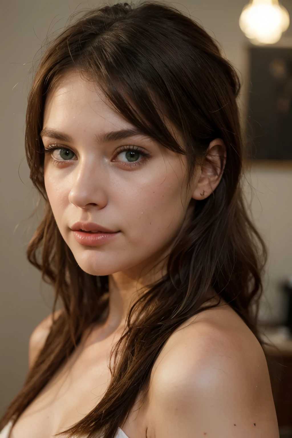 beautiful female model, 28 years old, ((best quality)), ((masterpiece)), (detailed), face, long brown hair, plump lips, piercing green eyes, cute, ultra realistic, photorealistic, med skin tone,
