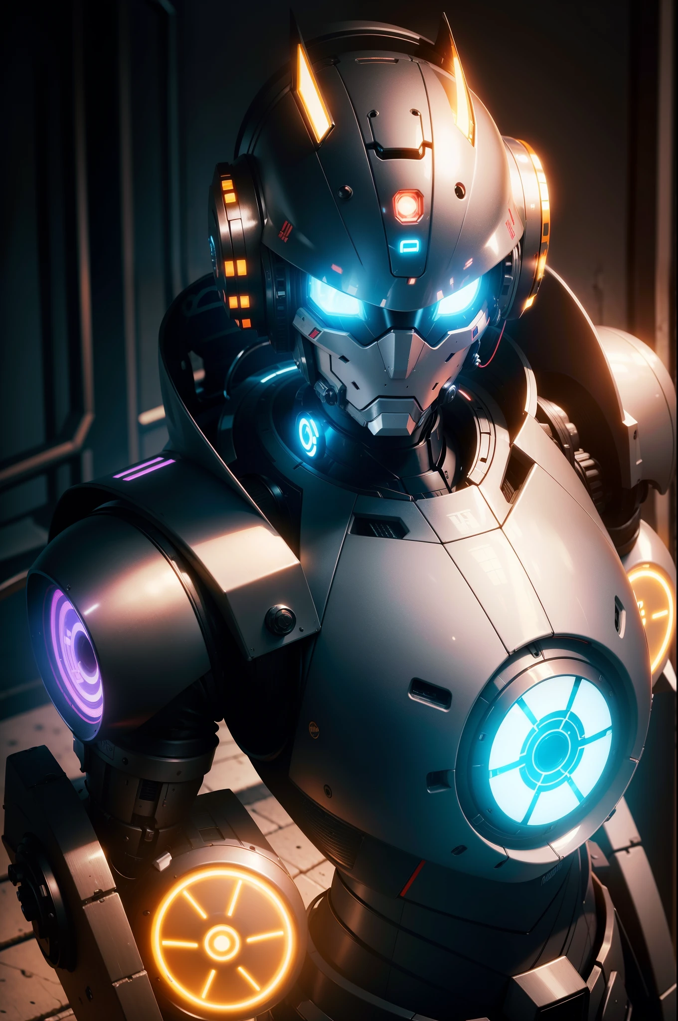 um close up de um robô mshn , futobot, ciborgue , Using CyberHelmet Bright Circle , armadura de batalha, MSHN Factory, tubes connected to the neck, luz neon fotorrealista, obra-prima, melhor qualidade, filme de 35mm, film grain, cyberpunk, EbonyGoldAI