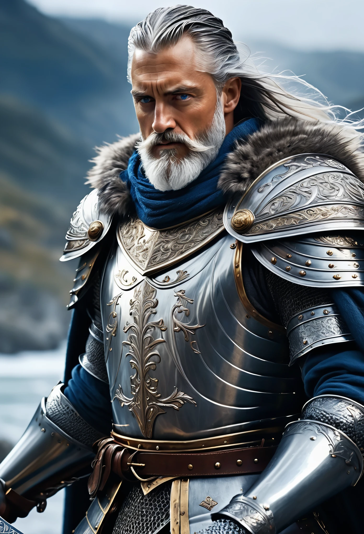 Ultra detailed King Arthur, knight with super detailed medieval armor, very muscular and aggressive, with long gray hair and blue eyes, with a gray beard, a cape with fur covers his back, wielding Excalibur, the sword shines brightly,  dynamic pose, mid shot, rule of thirds depth of field intricate details, concept art, subtle colors, fantastical realm, extremely detailed, ultra sharp focus, light particles, attention to detail, grandeur and awe, cinematic, stunning visual masterpiece, double exposure, 8k, photorealistic, strong outlines, cinematographic scene, 