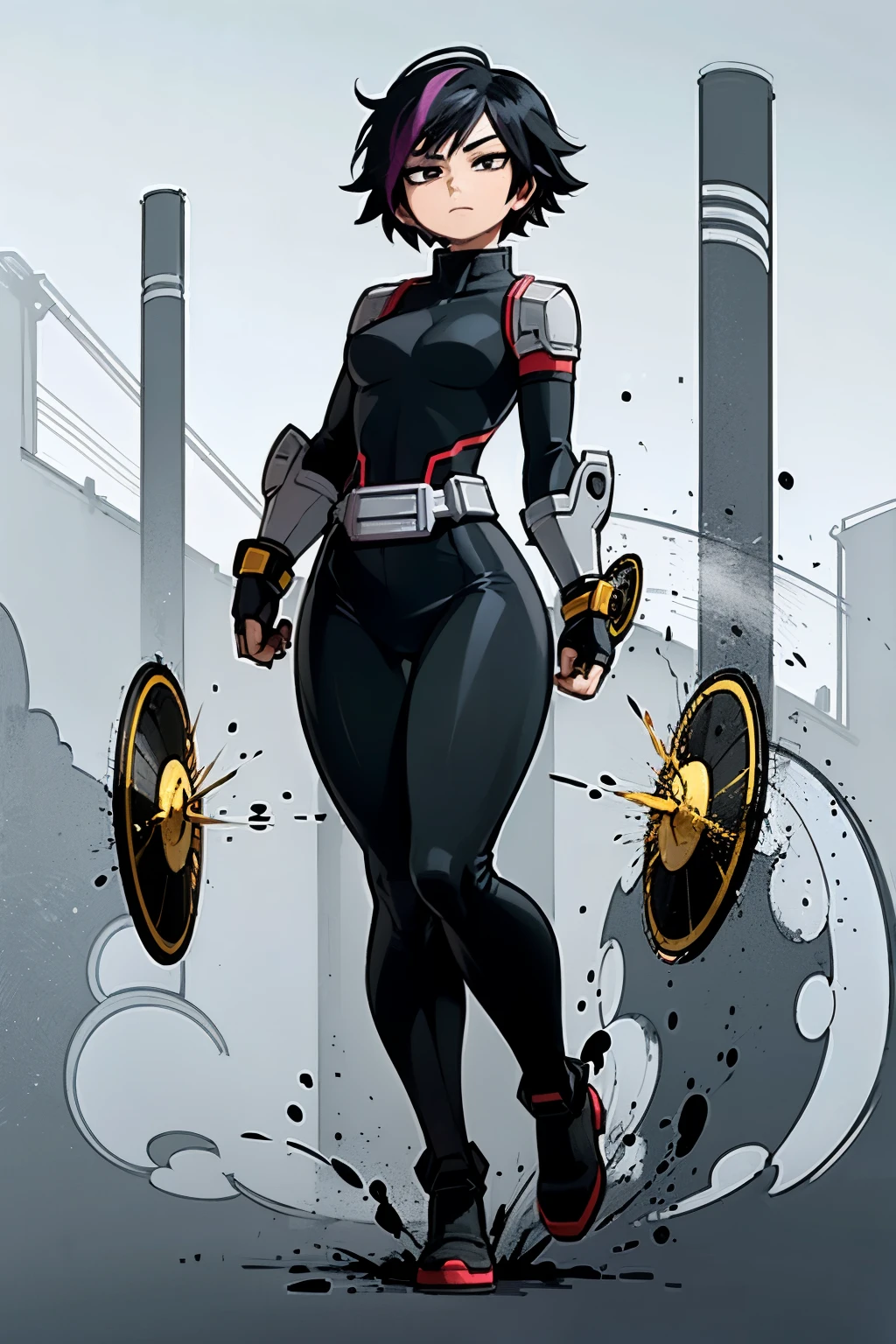 ((((My Hero Academia Style)))), (((Gogo Tomago))), 1Girl, Female, human, 19 years old, Asian descent, pixie cut hair with purple streaks in front, yellow skintight armor, black neoprene suit, yellow knee-high armor boots, yellow armor gauntlets on elbow-length arms, yellow helmet aerodynamic with transparent visor, wheels on the feet, (((small breasts))), (((wide hips))), (((wide thighs))), ((((Perfect Anatomy)))), (((perfect hands))), ((( (Full body photo:1.5)))),