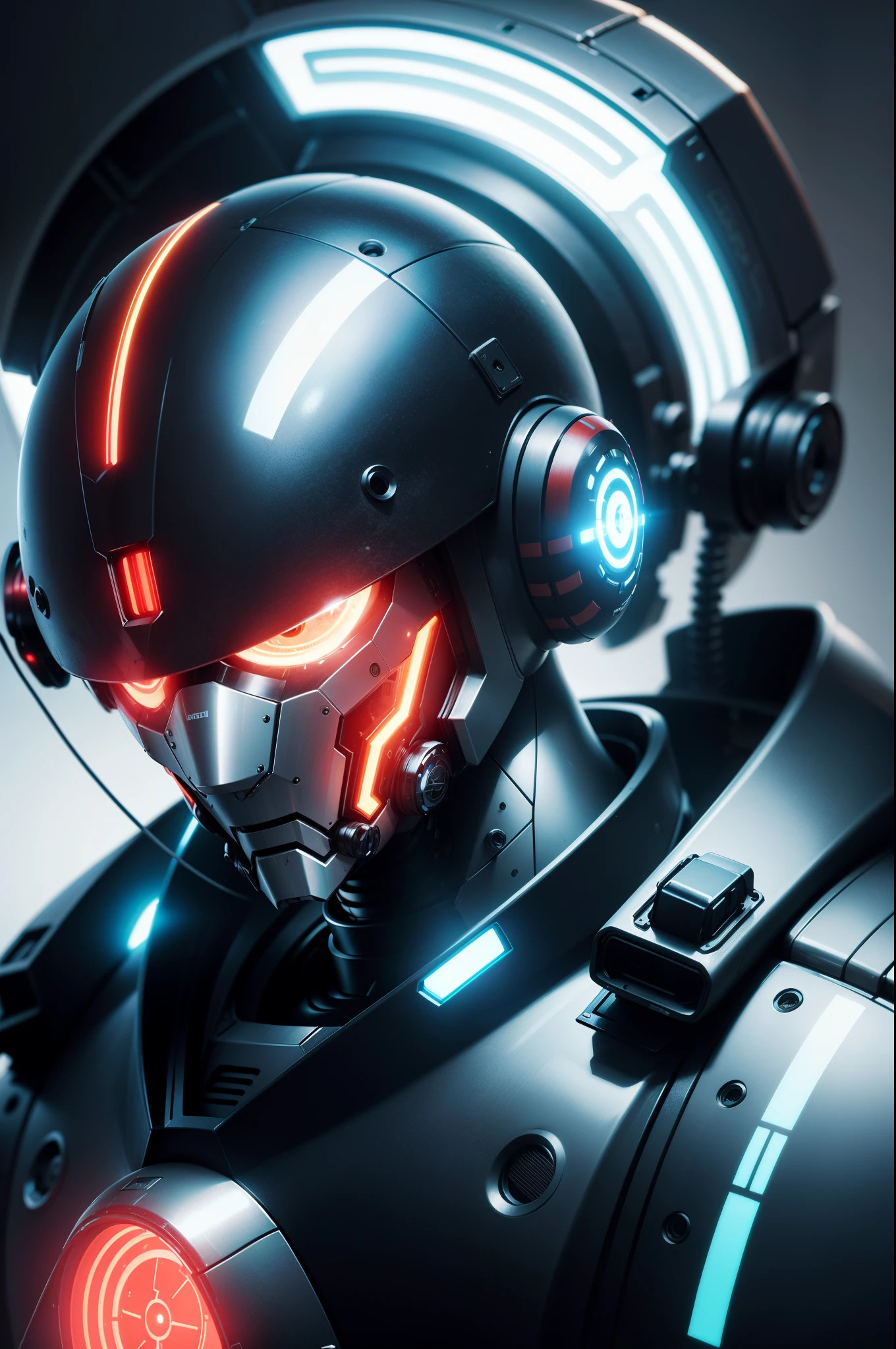 um close up de um robô mshn , futobot, ciborgue , Using CyberHelmet Bright Circle , armadura de batalha, MSHN Factory, tubes connected to the neck, luz neon fotorrealista, obra-prima, melhor qualidade, filme de 35mm, film grain, cyberpunk, EbonyGoldAI