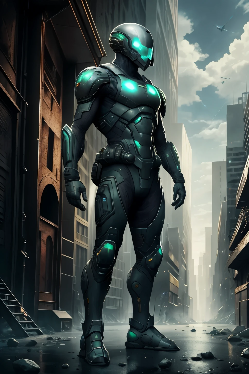 A highly technological and advanced alien soldier in an apocalyptic city