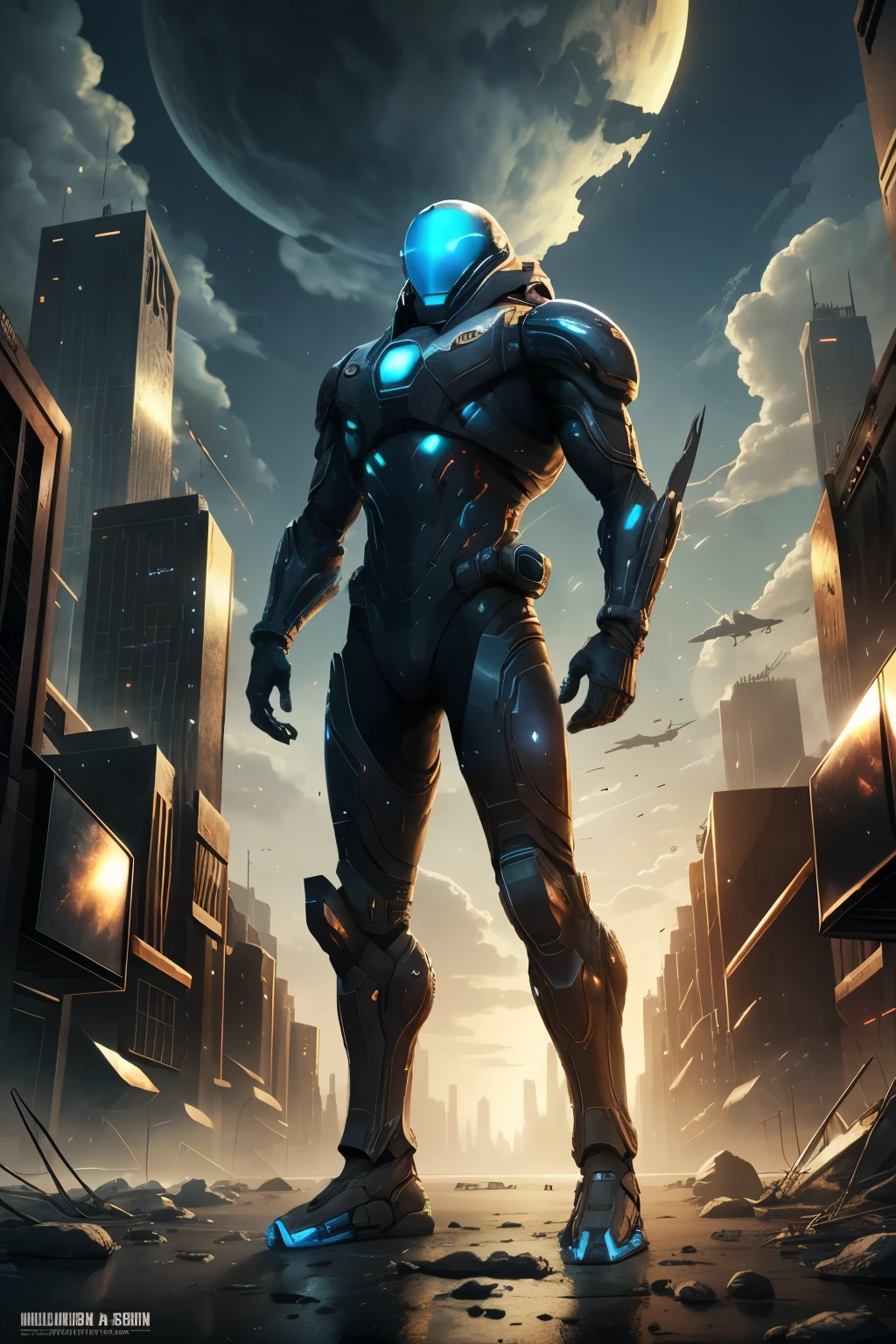 A highly technological and advanced alien soldier in an apocalyptic city