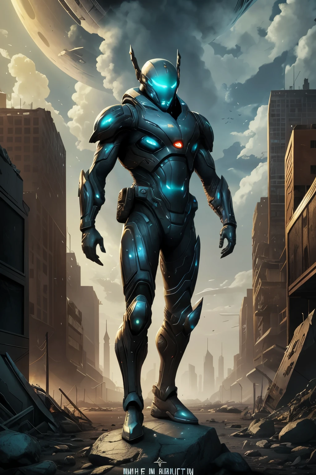 A highly technological and advanced alien soldier in an apocalyptic city