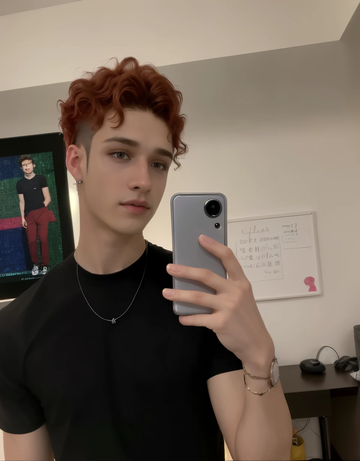 there is a man taking a selfie in a room with a computer, he has short curly brown hair, rizos en la parte superior de su cabeza, taken in the early 2020s, chico adolescente de pelo rojo, con pelo rojo rizado, hombre joven delgado, foto de perfil en la cabeza, Connor Hibbs, cuchilla del grupo de drenaje, pelo pelirrojo con pecas