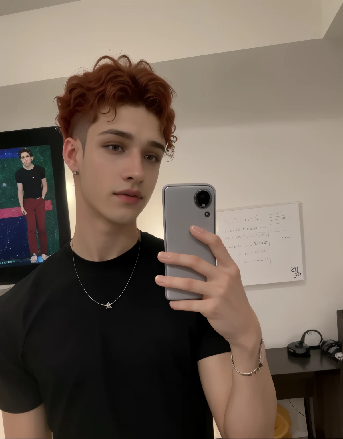 there is a man taking a selfie in a room with a computer, he has short curly brown hair, rizos en la parte superior de su cabeza, taken in the early 2020s, chico adolescente de pelo rojo, con pelo rojo rizado, hombre joven delgado, foto de perfil en la cabeza, Connor Hibbs, cuchilla del grupo de drenaje, pelo pelirrojo con pecas