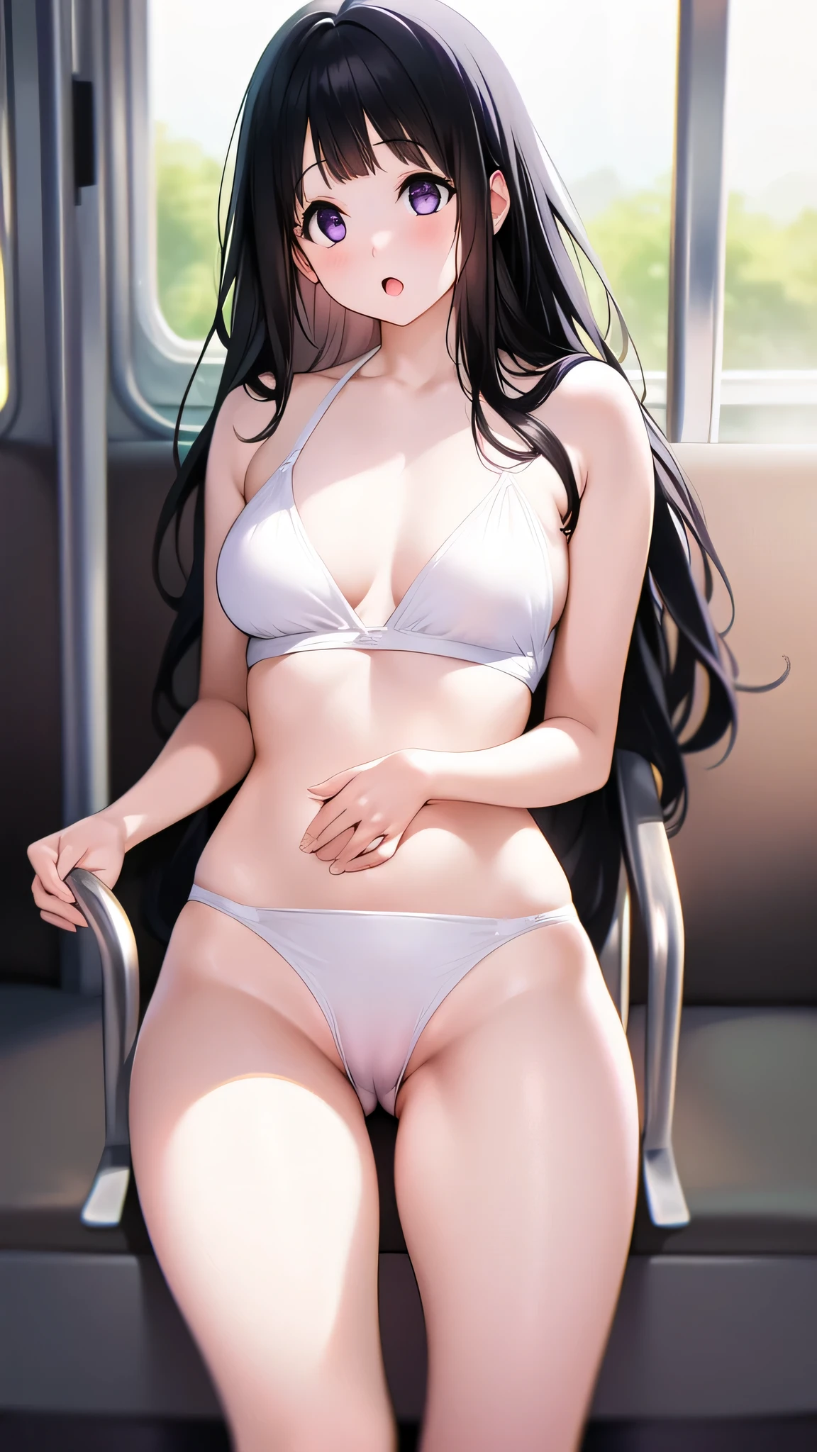 The stunning Chitanda Eru, purple eyes, black hair, Naturally straight hair, straight bangs, extremely refined, a girl,adult face,Open your mouth slightly,flowing long hair,Peerless beautiful girl, dreamlike,Slim,soft, (Sensual), (kawaii), dream quality,white bikini,In the tram,Hold your chest with both hands,bright light,bare neck,naked ass,bare shoulders,Clavicle exposed,bare breasts,Bare thighs,camel toe,snow white skin,show your hands, delicate face, thin waist, soft curves, Real light and shadow, Ultra-fine, 4K, move naturally, ultra high resolution, (masterpiece:1.2, best quality), (Exquisite and beautiful eyes: 1.2), (Beautiful and delicate face)