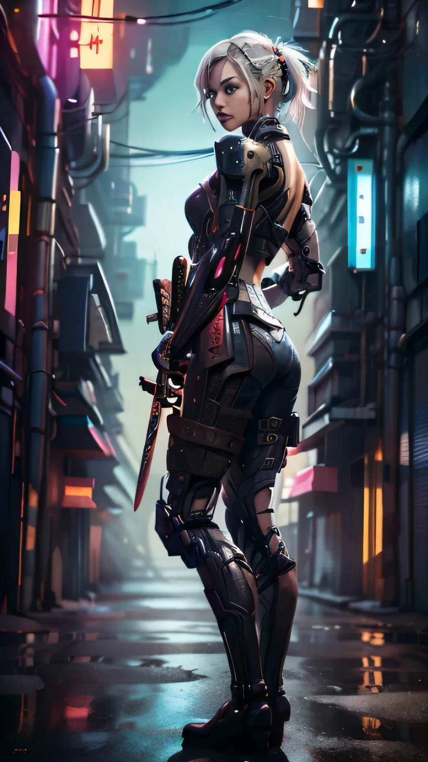 A woman kneeling on one knee with a sword in her hand, very beautiful cyberpunk samurai, she is holding a katana sword, pulling the katana out of its sheath, she is holding a sword, Korean polearm ornate back decoration, realistic 3D anime style, cgsociety 9,2.5D cgi anime fantasy artwork, realistic 3 d anime.pose beautiful.redAssassin.Standing and sitting with hands on knees, carrying sword on shoulder.(Standing with arms crossed over chest, back to wall).white hair.big thighs.ta robot.