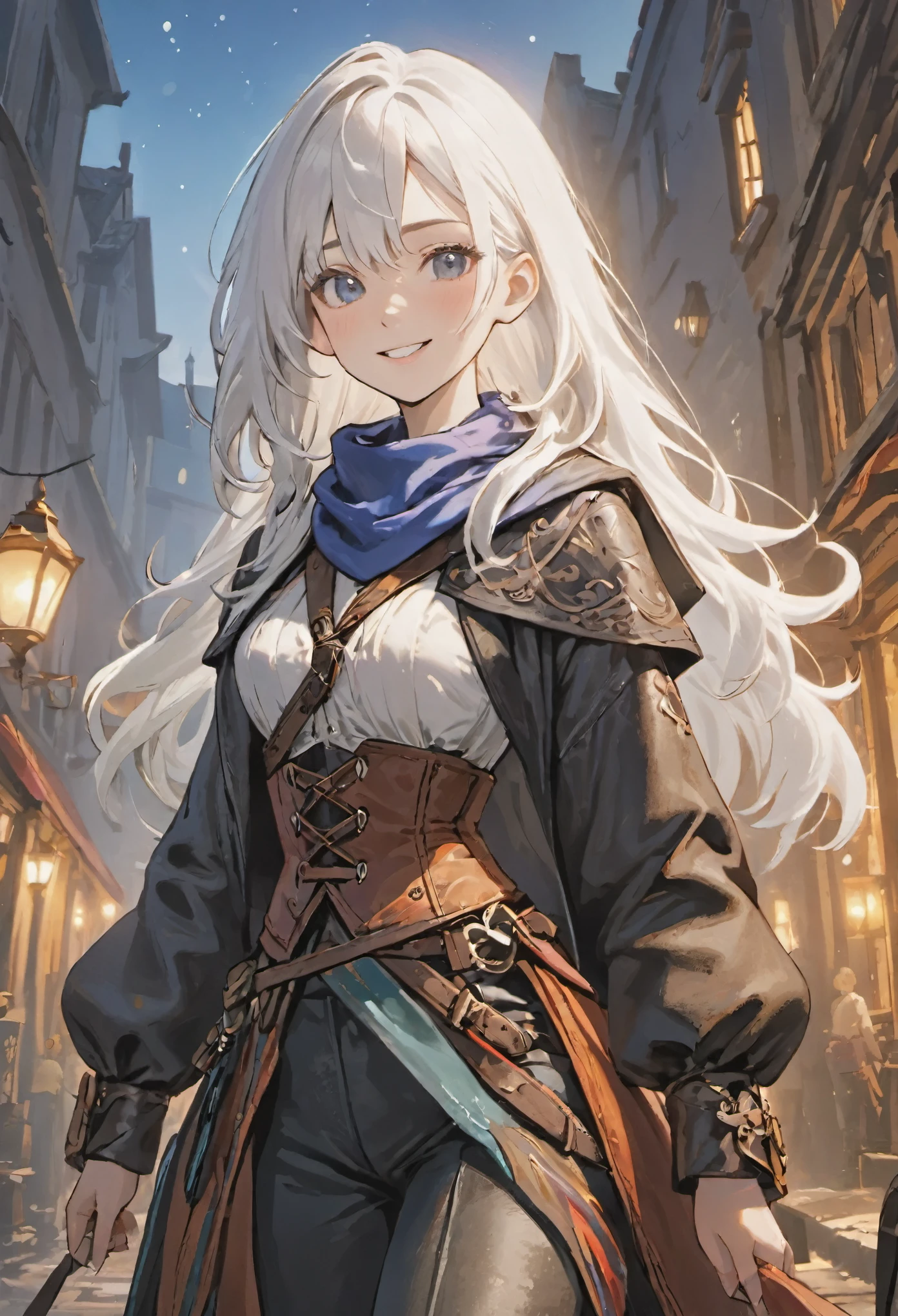 ((medium white hair)), sparkling pure white hair, smile, female adventurer, game art style, (masterpiece), (colorful clothing), scarves, leather belts, half skirt over pants and boots, flowing blouse and leather corset, best quality, highres, 4k, 8k, Detailed Illustration, intricate detail, cinematic lighting, amazing quality, 1girl, fit female, amazing shading, soft lighting, facing camera, perfect eyes