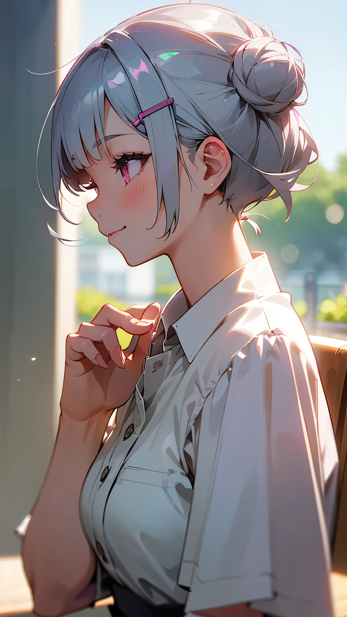 1girl、Short silver bob hair styled into a bun with a hair clip, pink eyes、smile、profile、upper body close-up、Morning café terrace、background bokeh, Depth of the bounds written