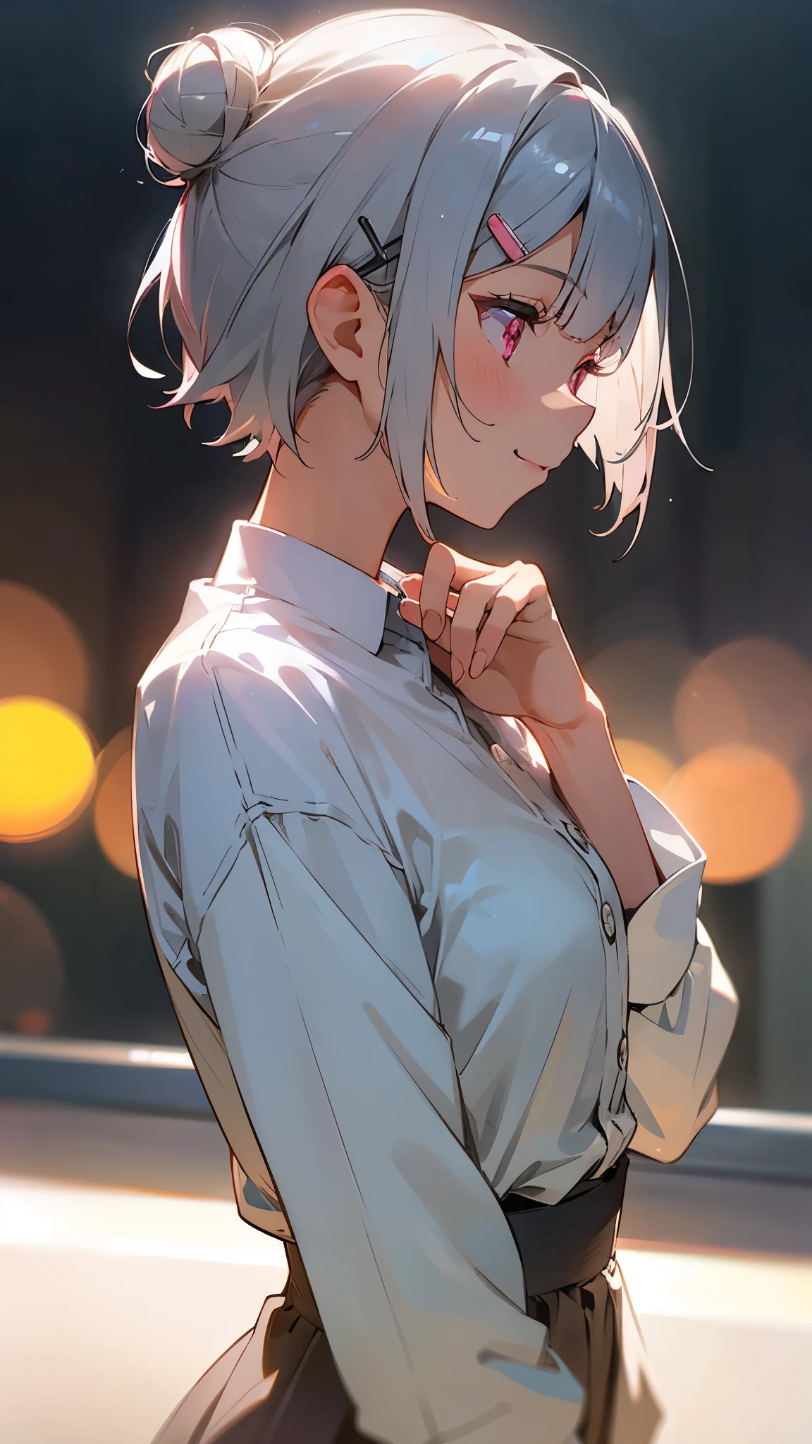 1girl、Short silver bob hair styled into a bun with a hair clip, pink eyes、smile、profile、upper body close-up、Morning café terrace、background bokeh, Depth of the bounds written