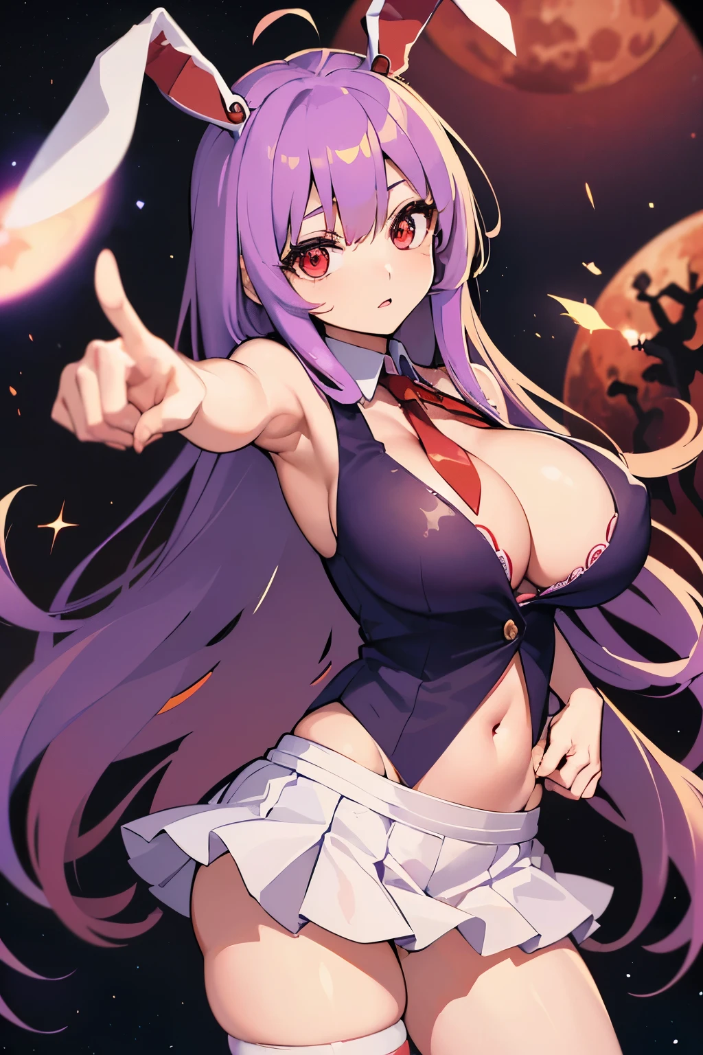Girl, (Reisen Udongein Inaba:1.2) (from touhou project), perfect quality, on the background of the (red moon with stars:1.1), right hand pointing to the center, (index finger pointing to the center), (red glowing eyes:1.1), red tie, white skirt, (detailed face and eyes:1.2), (huge breasts:1.1), (busty), (deep cleavage:1.1), (labia outline:1.2), (teat outline:1.2).