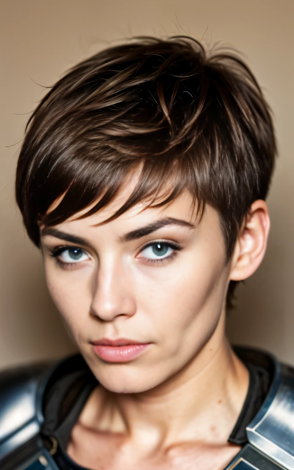 , T0n1-200, short hair, wearing (armor:1.2), (Raw photo, realistic:1.3), Frank, 16mm, color grading, prominent colors, surreal, rough skin, Amazingly detailed pupils, (imperfect skin:1.1), Realistic dull skin noise, Visible skin details, skin fuzz, dry skin, film stills,、from the stomach up、cool clotheake your hair a little longer、less wrinkles