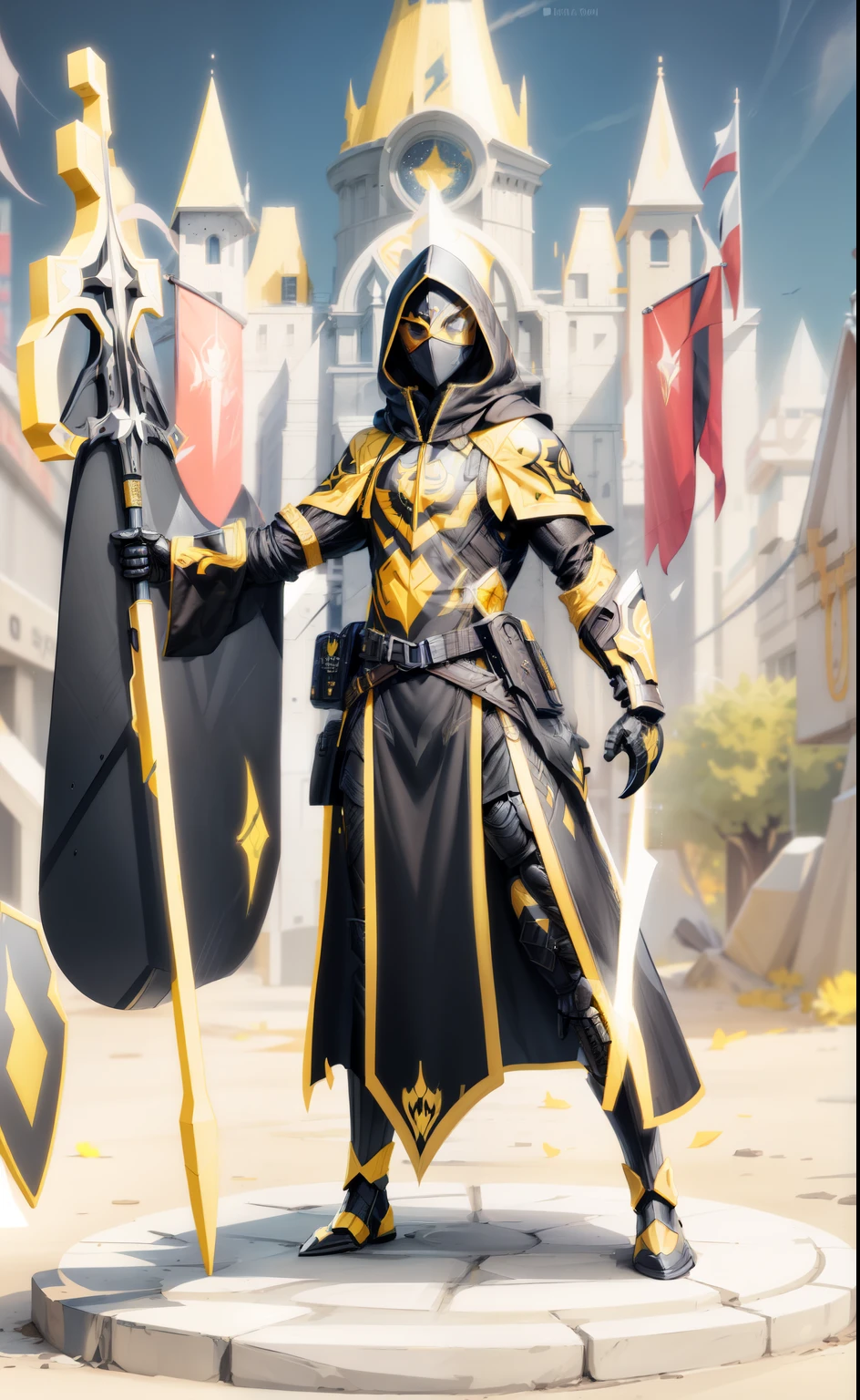 shield logo, black and white relief, vector, Yellow cloak, the face is completely covered by the hood, plain hood with less details on the face