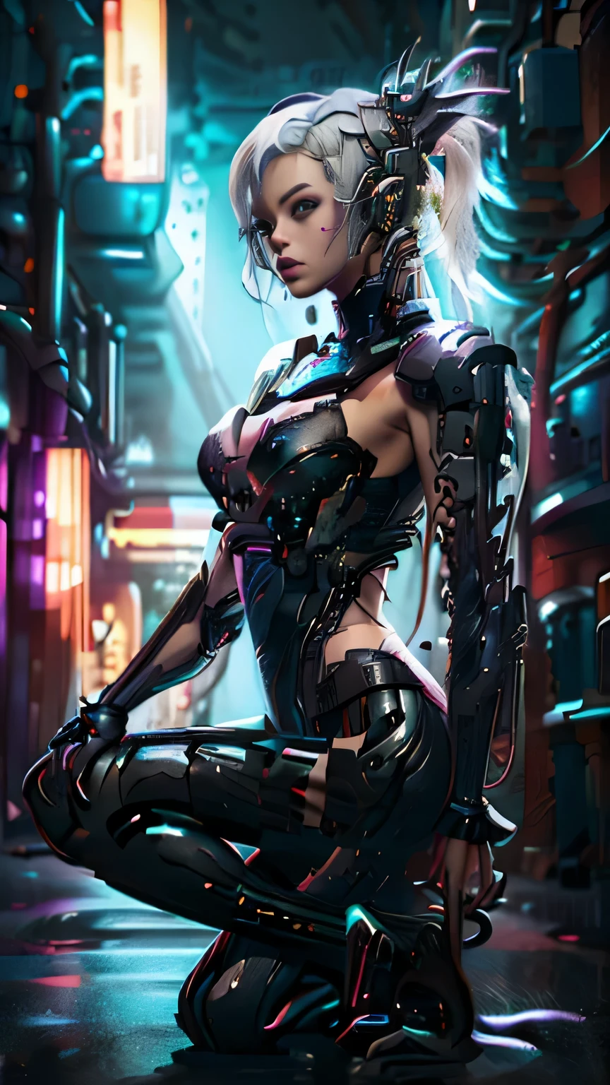 top quality, masterpiece, Ultra-high resolution, (Reality: 1.4), original photo, 1 cyberpunk girl, purple Hair, Smooth skin, 1.mechanical girl, Depth of field focus f/2.8, (Ultra-realistic details)), contrast, shadow, Octane Rendering, 8k, Extremely sharp, Cleavage exposed, Rawhide, Metal, Exquisite decorative details, Japan Details, Very intricate details, realistic light, CGSoation trends, face camera, Neon details, Mechanical limbs, blood vessels connected to tubes, A mechanical vertebrae attached to the back, Mechanical neck fixation device, Wires and cables to the head, Gundam, Small LED lights.