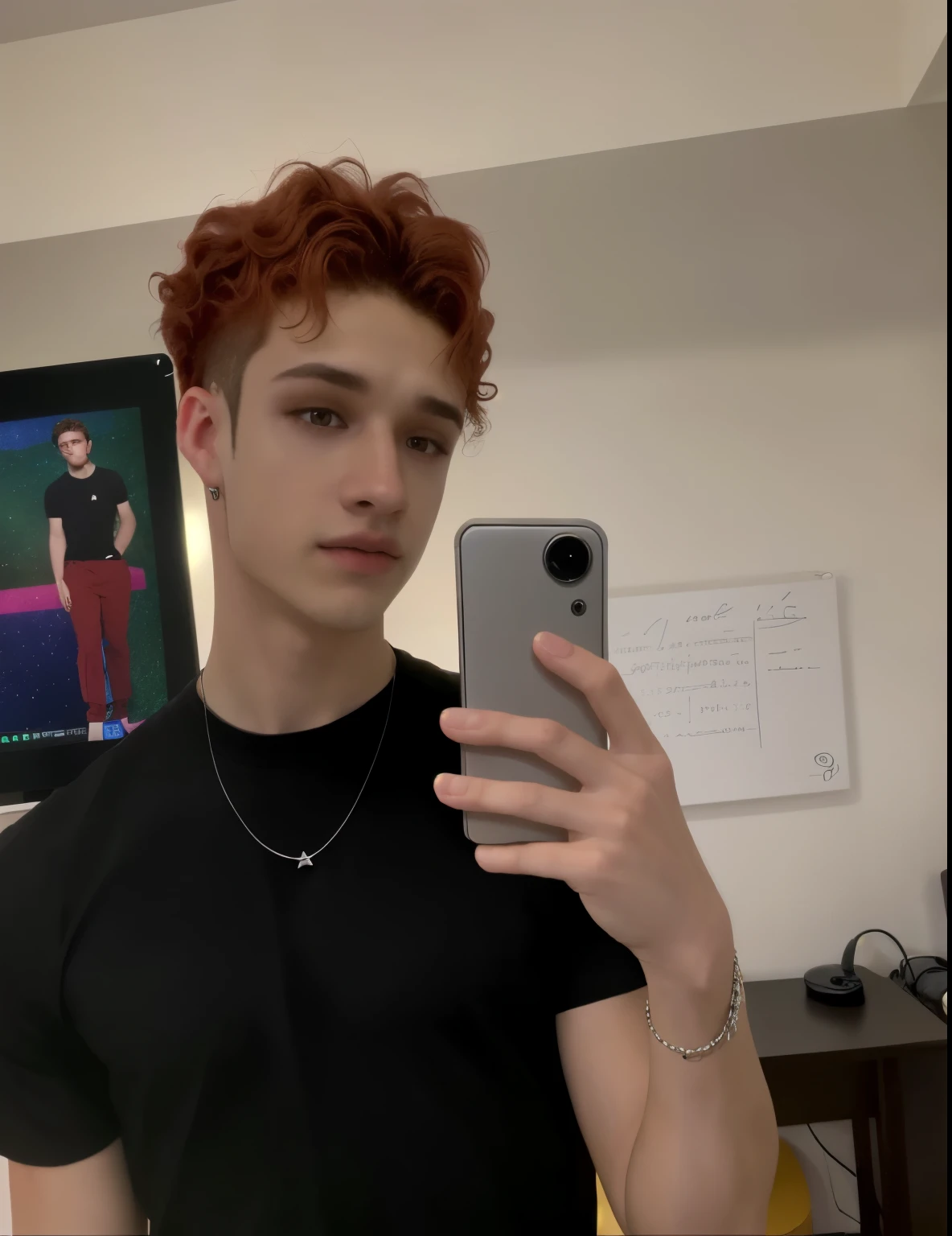 there is a man taking a selfie in a room with a computer, he has short curly brown hair, rizos en la parte superior de su cabeza, taken in the early 2020s, chico adolescente de pelo rojo, con pelo rojo rizado, hombre joven delgado, foto de perfil en la cabeza, Connor Hibbs, cuchilla del grupo de drenaje, pelo pelirrojo con pecas