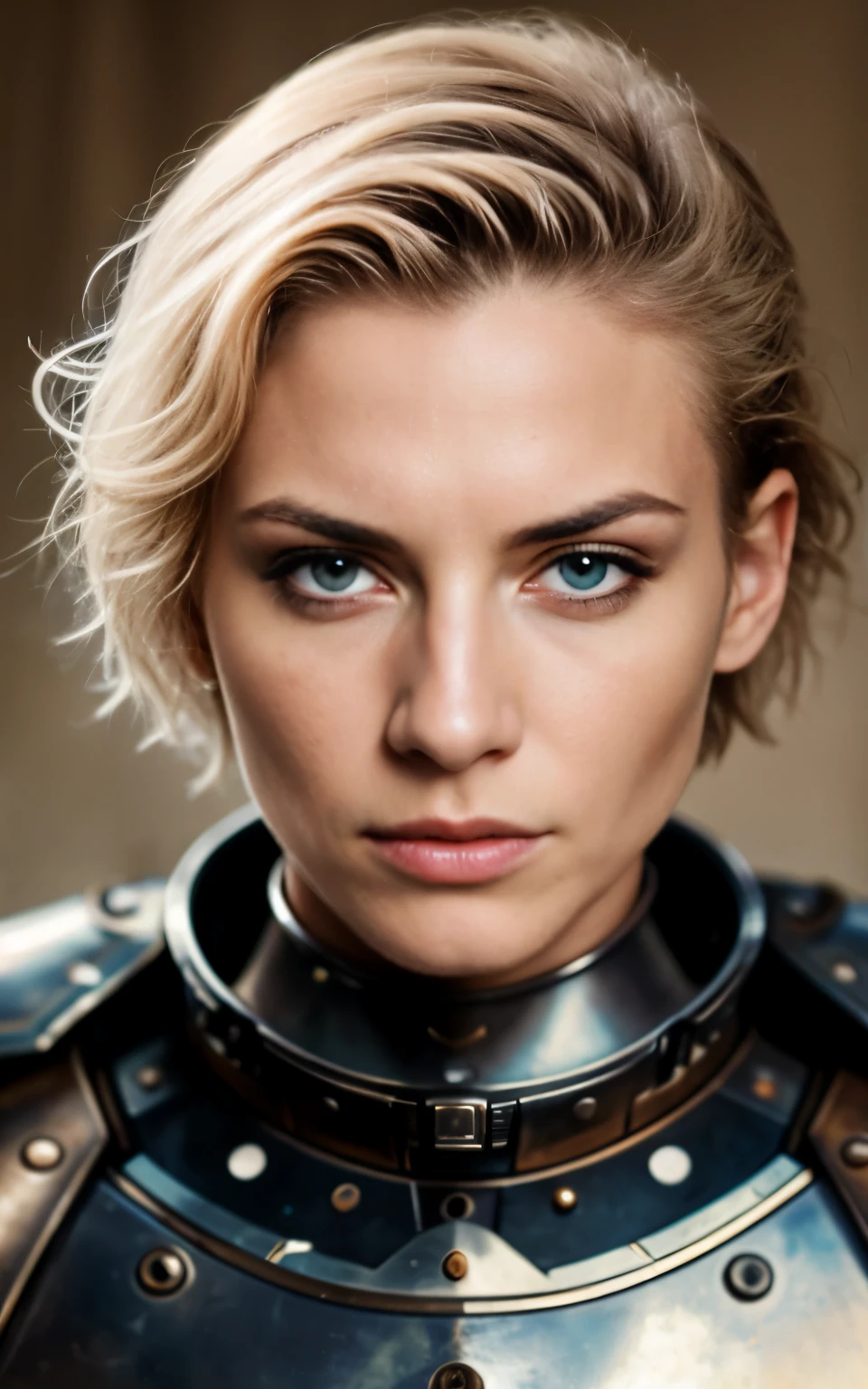 , T0n1-200, short hair, wearing (armor:1.2), (Raw photo, realistic:1.3), Frank, 16mm, color grading, prominent colors, surreal, rough skin, Amazingly detailed pupils, (imperfect skin:1.1), Realistic dull skin noise, Visible skin details, skin fuzz, dry skin, film stills,、from the stomach up、fashionable clotheake your hair a little longer、less wrinkles
