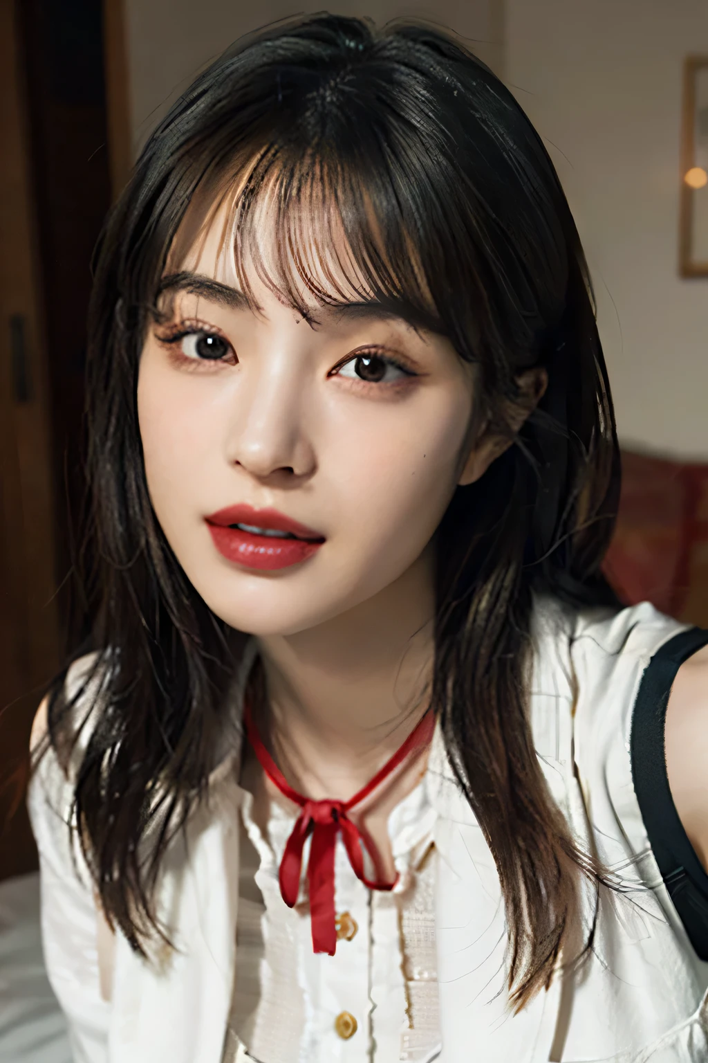 masterpiece、highest quality、realistic、(超realistic), (enlightenment), (High resolution), (8K), (very detailed), (The best enlightenmentns), (beautiful and detailed eyes), (highest quality), (Super detailed), (masterpiece), (wallpaper), (detailed face), bed、upper body close-up,armpit, laughter,Plump,alone,(wearing a silk plunge-open shirt:1.5), full of sweat, Japanese, big and full breasts, (camel toe)、huge breasts、luxury living room、detailed white teeth、ultimate beautiful girl、No bra、Please tie a red ribbon around your neck..、perfect teeth、(handsome hair)、belly button、light makeup、(brown eyebrows)、(brown hair)、