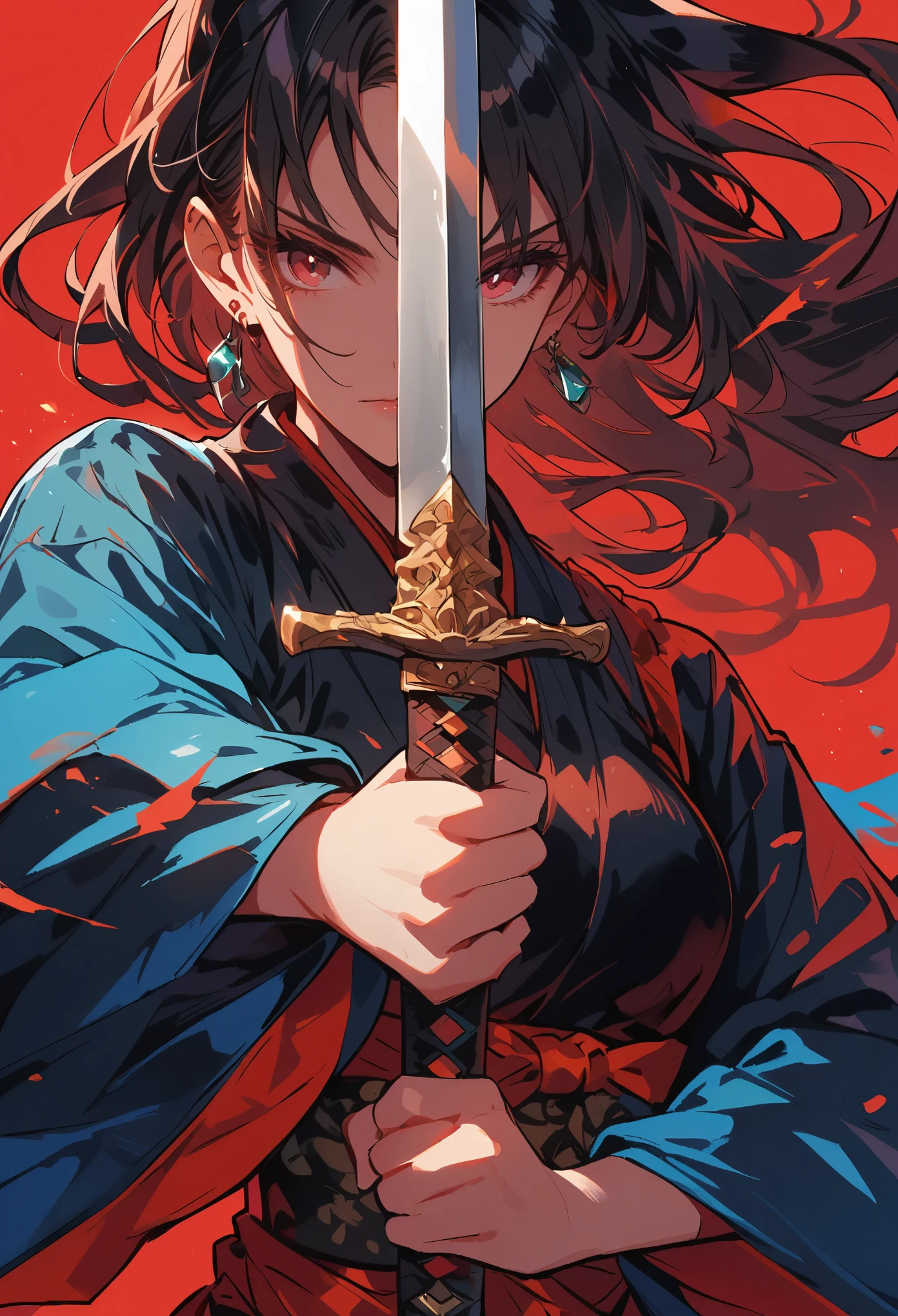 swordsman,1girl,earrings,holding,holding sword,holding weapon,jewelry,long hair,red background,solo,sword,weapon,holding sword with both hands,sword focus