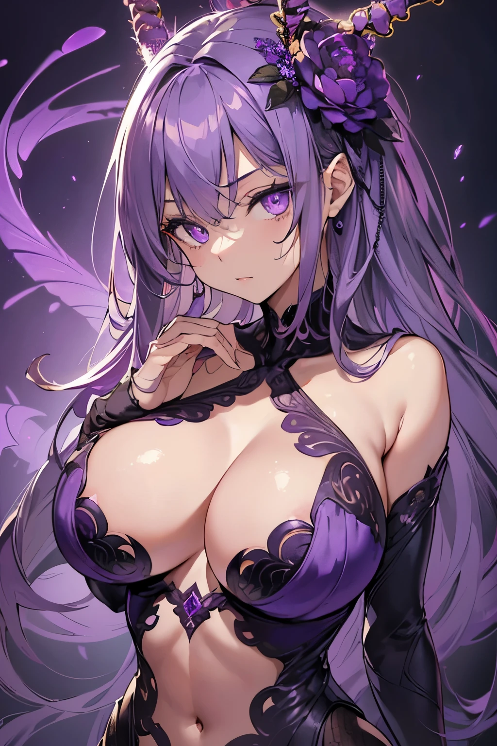 (Detailed purple eyes:1.2), (round head) with (slim fit body), (toned body detailed), mutated body and skin, intricate folds of skin details, cute face, (larva body:1.2), sharp focus, masterpiece, wallpaper, fully purple skin detailed, (detailed face and eyes:1.2), (huge breasts:1.1), (busty), (deep cleavage:1.1), (labia outline:1.2), (teat outline:1.2).