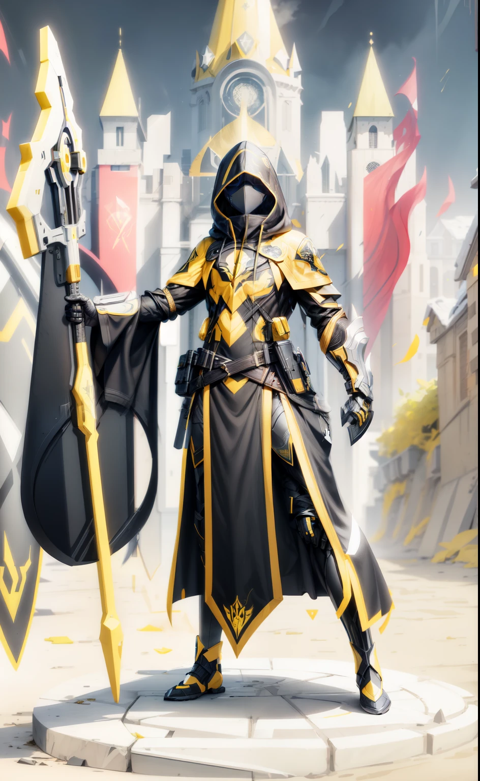 shield logo, black and white relief, vector, Yellow cloak, the face is completely covered by the hood, plain hood with less details on the face, turn your body to the right, semi-sitting position
