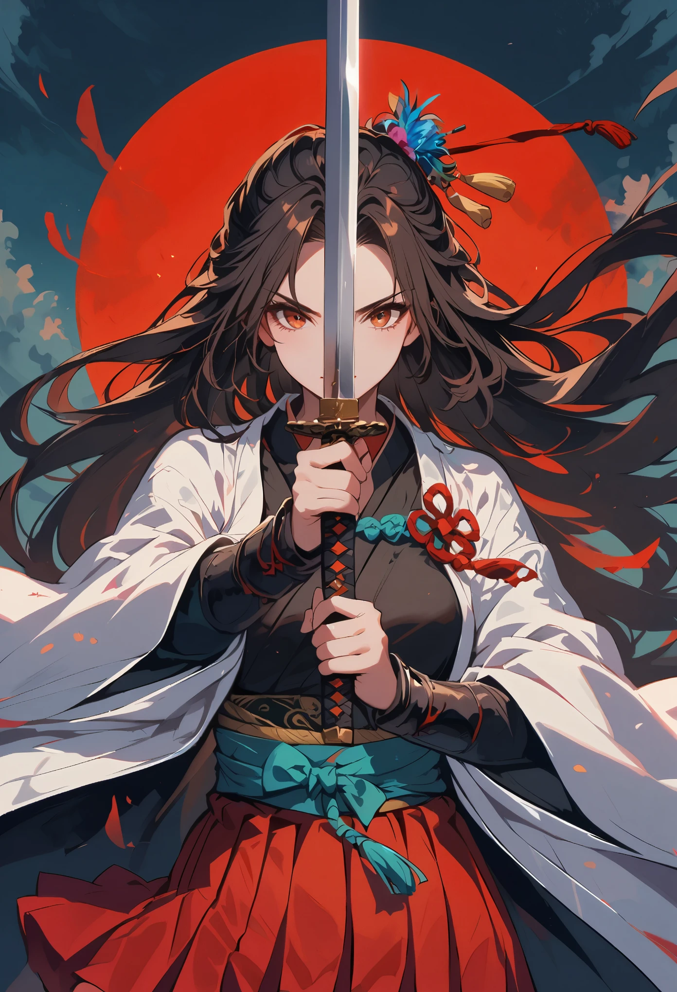 swordsman,1girl,brown hair,full moon,holding weapon,japanese clothes,katana,long hair,moon,skirt,sky,solo,sun,sword,weapon,holding sword with both hands,sword focus