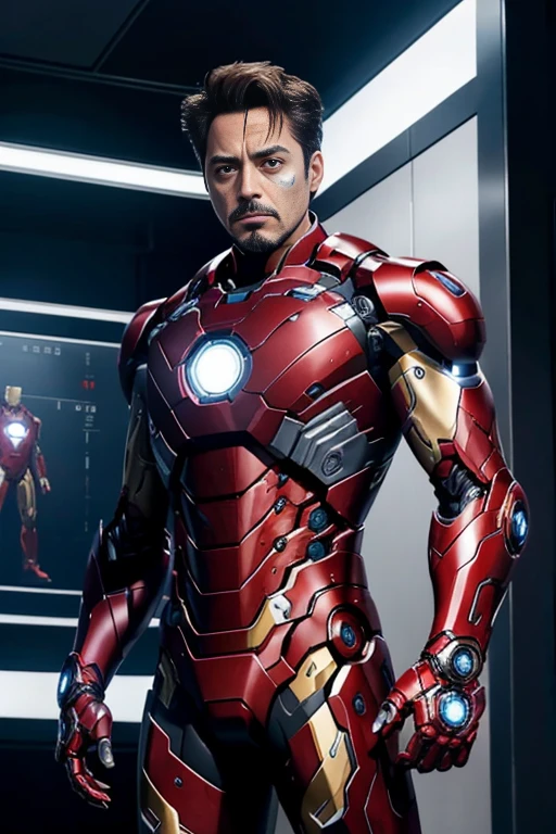 In the image, we see actor Robert Downey Jr. portraying the iconic character Tony Stark, better known as Iron Man, from the Marvel Cinematic Universe. He is standing in a high-tech laboratory or workshop, which is filled with screens and equipment, indicative of the advanced technology that powers the Iron Man suit. The suit itself is a marvel of modern design, with sleek lines and a combination of silver and black colors that give it a futuristic look. The chest arc reactor, a signature element of the Iron Man suit, is prominently displayed, symbolizing the power source that keeps the suit operational. The overall setting and the character's attire suggest a scene from one of the Iron Man movies, where Tony Stark is likely in the midst of developing or upgrading his suit.