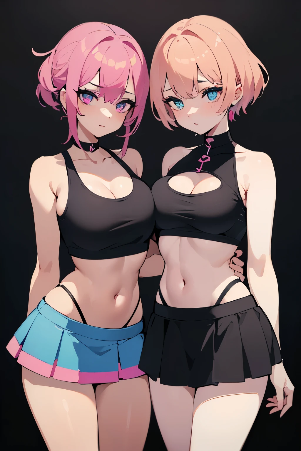 (Valentine’s Day special), (cute beautiful lesbian couple:1.3), (sexy pose), cool (black and pink gamer crop top:1.2) and (mini skirt:1.1), cool (blue and black gamer crop top:1.2) and (mini skirt), (detailed face and eyes:1.2), (huge breasts:1.1), (busty), (deep cleavage:1.1), (labia outline:1.2), (teat outline:1.2).