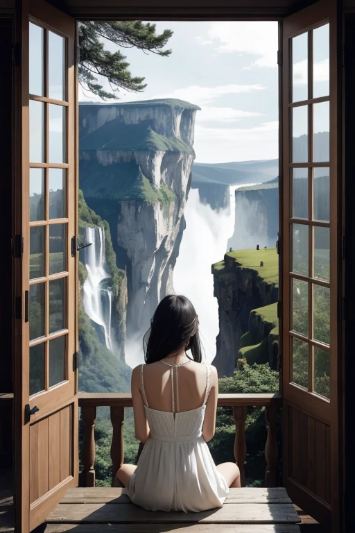 In the image, we see a young woman seated on a wooden bench, her back to us, gazing out of a window that offers a breathtaking view of a fantastical landscape. The window frames a scene of towering cliffs and cascading waterfalls, with the light filtering through the glass casting a warm glow on the woman's back. She is dressed in a black and white outfit, adding a touch of elegance to the scene. The overall atmosphere is one of tranquility and introspection, as if the woman is lost in thought, contemplating the beauty of the world outside. The image beautifully captures the essence of daydreaming and the allure of the unknown.