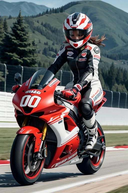 The image captures a dynamic moment on a race track. A female motorcycle racer, clad in a full racing suit and helmet, is leaning into a turn on her white and red racing motorcycle. The motorcycle is adorned with various sponsor logos, indicating her professional status. The racer's posture and the angle of the motorcycle suggest high speed and precision maneuvering. The blurred background of the track and trees adds to the sense of motion and the intensity of the race.