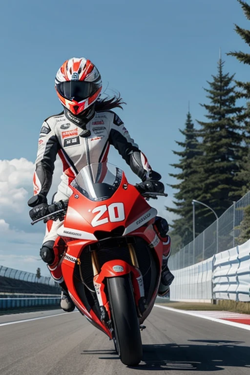 The image captures a dynamic moment on a race track. A female motorcycle racer, clad in a full racing suit and helmet, is leaning into a turn on her white and red racing motorcycle. The motorcycle is adorned with various sponsor logos, indicating her professional status. The racer's posture and the angle of the motorcycle suggest high speed and precision maneuvering. The blurred background of the track and trees adds to the sense of motion and the intensity of the race.