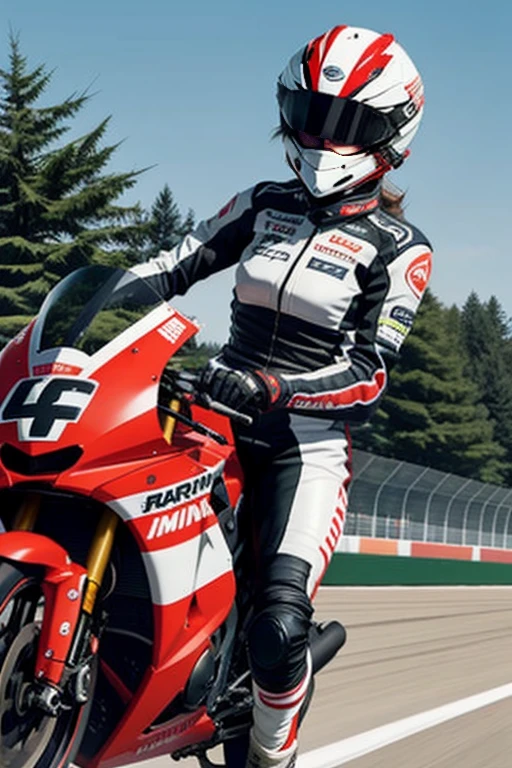 The image captures a dynamic moment on a race track. A female motorcycle racer, clad in a full racing suit and helmet, is leaning into a turn on her white and red racing motorcycle. The motorcycle is adorned with various sponsor logos, indicating her professional status. The racer's posture and the angle of the motorcycle suggest high speed and precision maneuvering. The blurred background of the track and trees adds to the sense of motion and the intensity of the race.