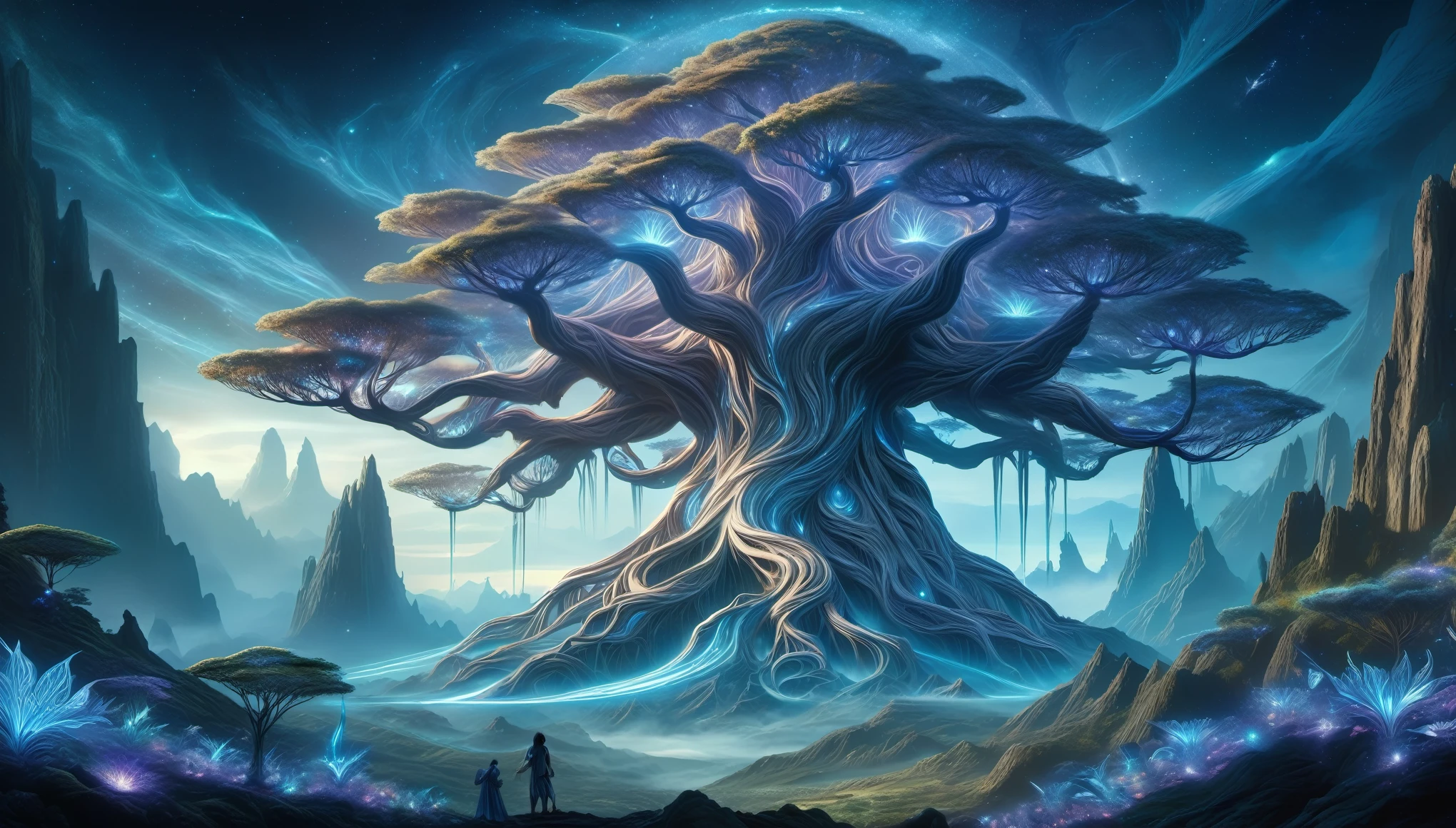 hyper detailed masterpiece, DonM3t3rn1tyXL,  magical mountain with the enormous ancient Worldtree. Its should be dim and mystical, possibly glowing with an otherworldly bioluminescent light. Its pose is majestic and regal, exuding a sense of magical power and grace. Set the in an enchanting ethereal light and mystical flora surrounding it 