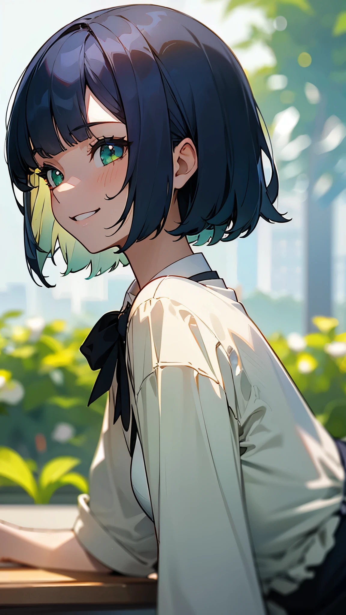 1girl、dark blue hair、bob cut、beautiful green eyes、grin、profile、upper body close-up、Morning café terrace、background bokeh, Depth of the bounds written