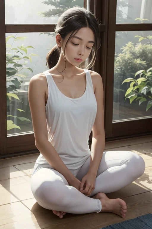 The image depicts a young woman in a serene setting, embodying a moment of tranquility and introspection. She is seated on a wooden floor, her posture relaxed yet poised, with her hands gently folded together in her lap. Her attire, a white tank top paired with blue leggings, suggests a casual yet active lifestyle. Her hair is neatly pulled back, allowing her face to be fully visible, and her eyes are closed, indicating a state of mindfulness or meditation. The warm lighting and the blurred background of what appears to be a room with a window suggest a calm and peaceful environment, further enhancing the overall sense of serenity captured in the image.